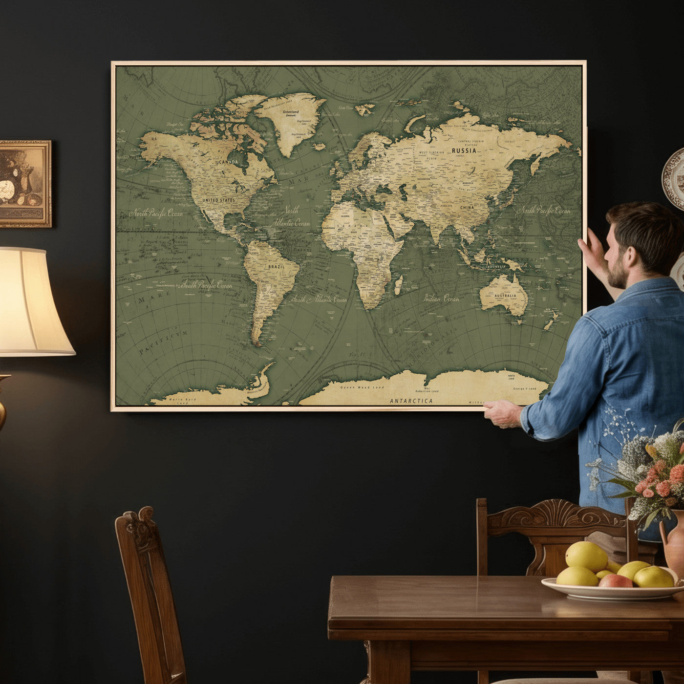 75846040-MGV-CV-36X24 - World Map Wall Art Canvas Print, Modern Decorative Framed Map Artwork Prints for Living Room, Office, Bedroom Wall Decor