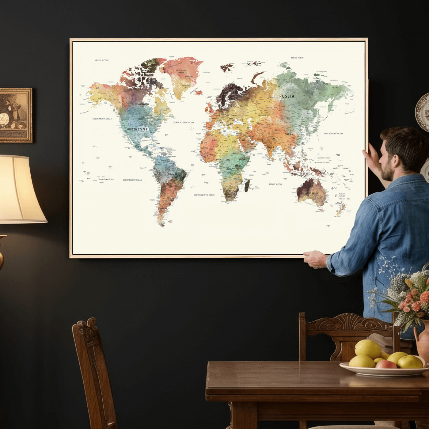 64206059-MGV-CV-36X24 - World Map Wall Art Canvas Print, Modern Decorative Framed Map Artwork Prints for Living Room, Office, Bedroom Wall Decor