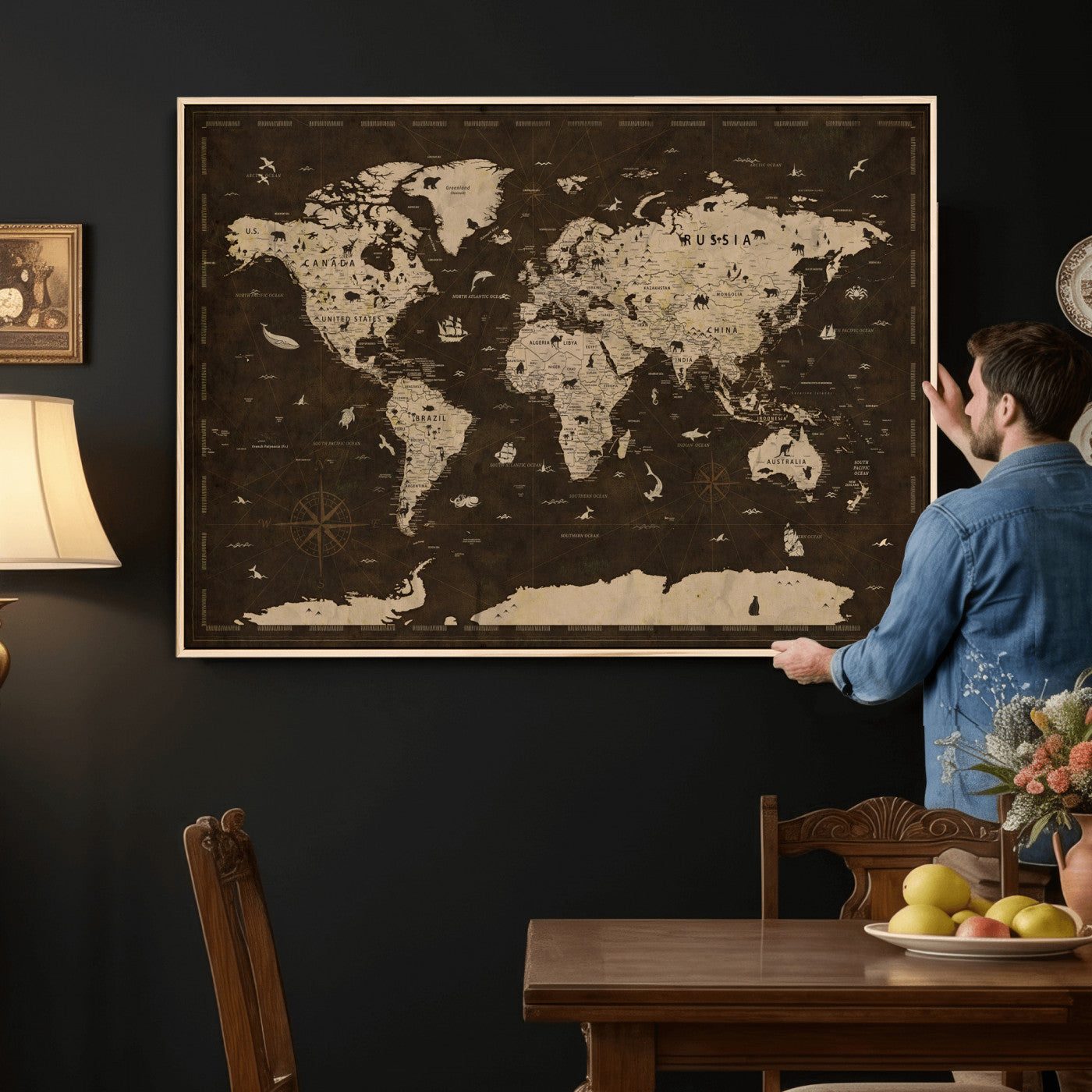44276398-MGV-CV-36X24 - World Map Wall Art Canvas Print, Modern Decorative Framed Map Artwork Prints for Living Room, Office, Bedroom Wall Decor