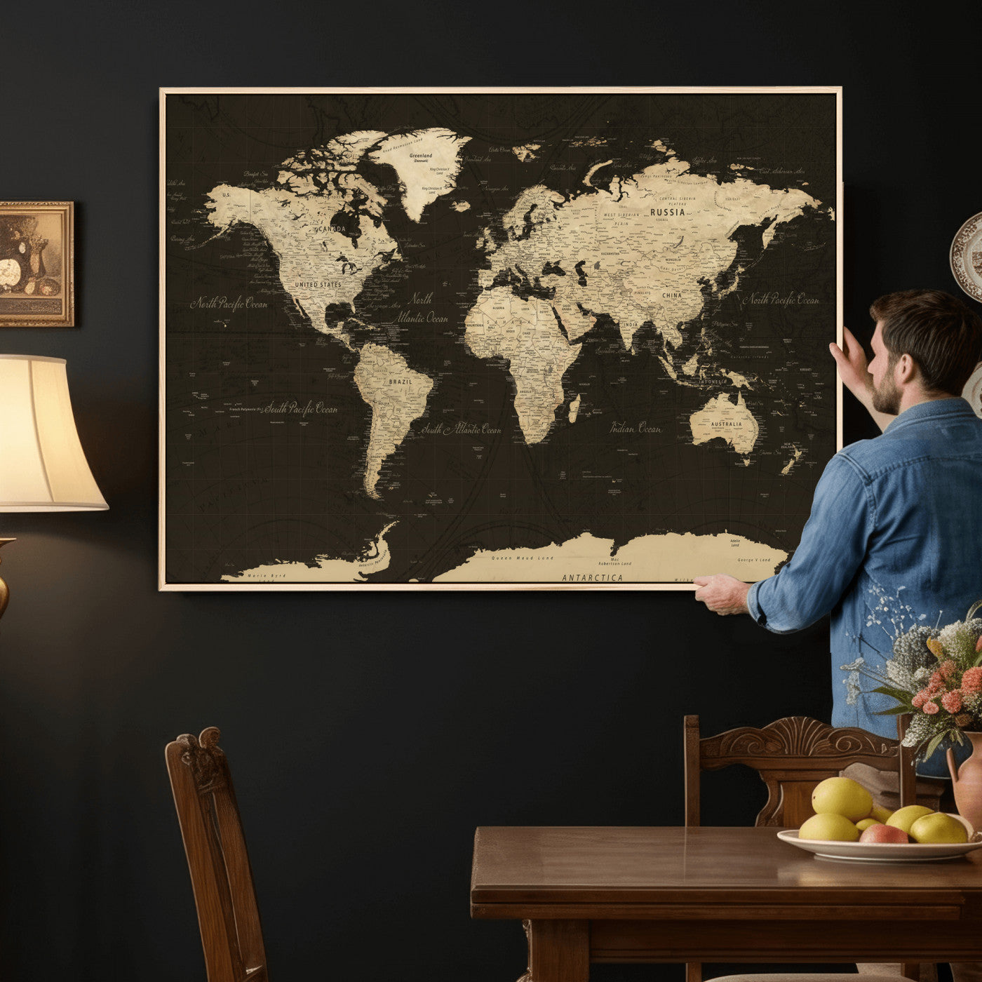 89024244-MGV-CV-36X24 - World Map Wall Art Canvas Print, Modern Decorative Framed Map Artwork Prints for Living Room, Office, Bedroom Wall Decor