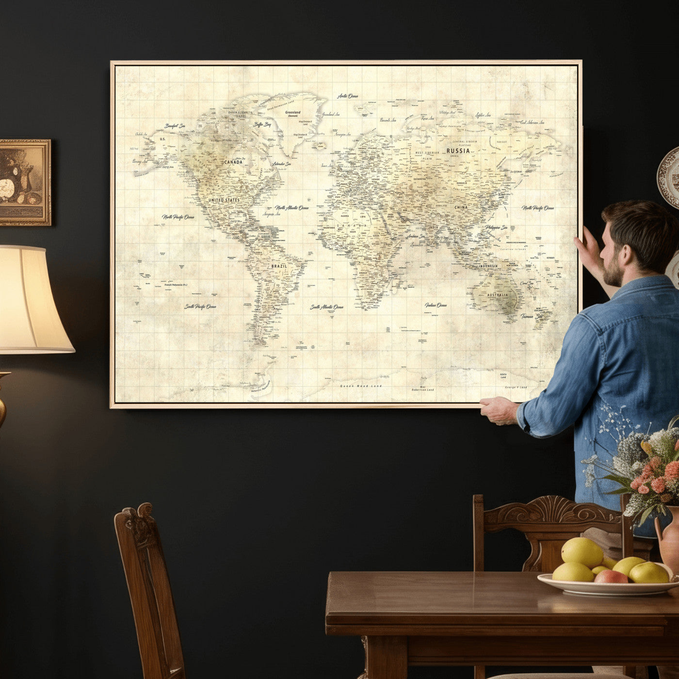 17101439-MGV-CV-36X24 - World Map Wall Art Canvas Print, Modern Decorative Framed Map Artwork Prints for Living Room, Office, Bedroom Wall Decor