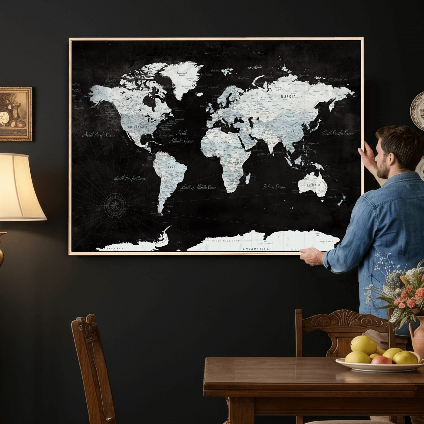 28664806-MGV-CV-36X24 - World Map Wall Art Canvas Print, Modern Decorative Framed Map Artwork Prints for Living Room, Office, Bedroom Wall Decor