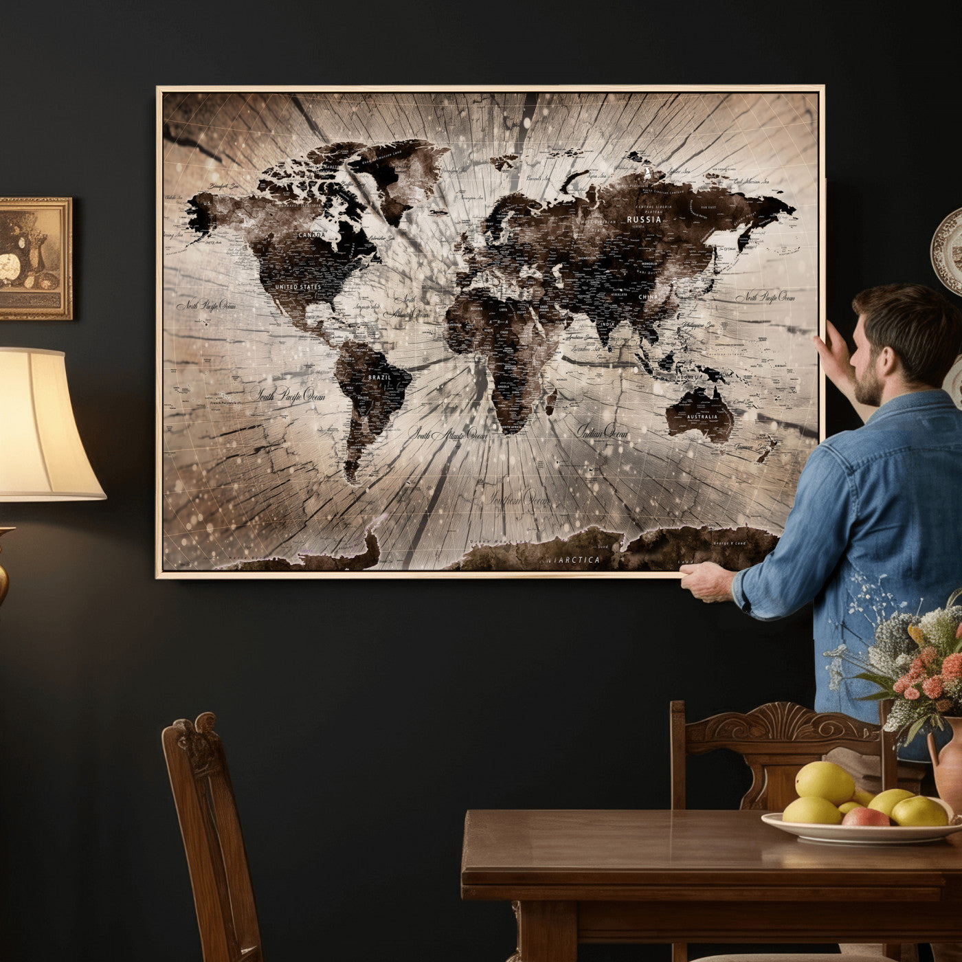 94623295-MGV-CV-36X24 - World Map Wall Art Canvas Print, Modern Decorative Framed Map Artwork Prints for Living Room, Office, Bedroom Wall Decor