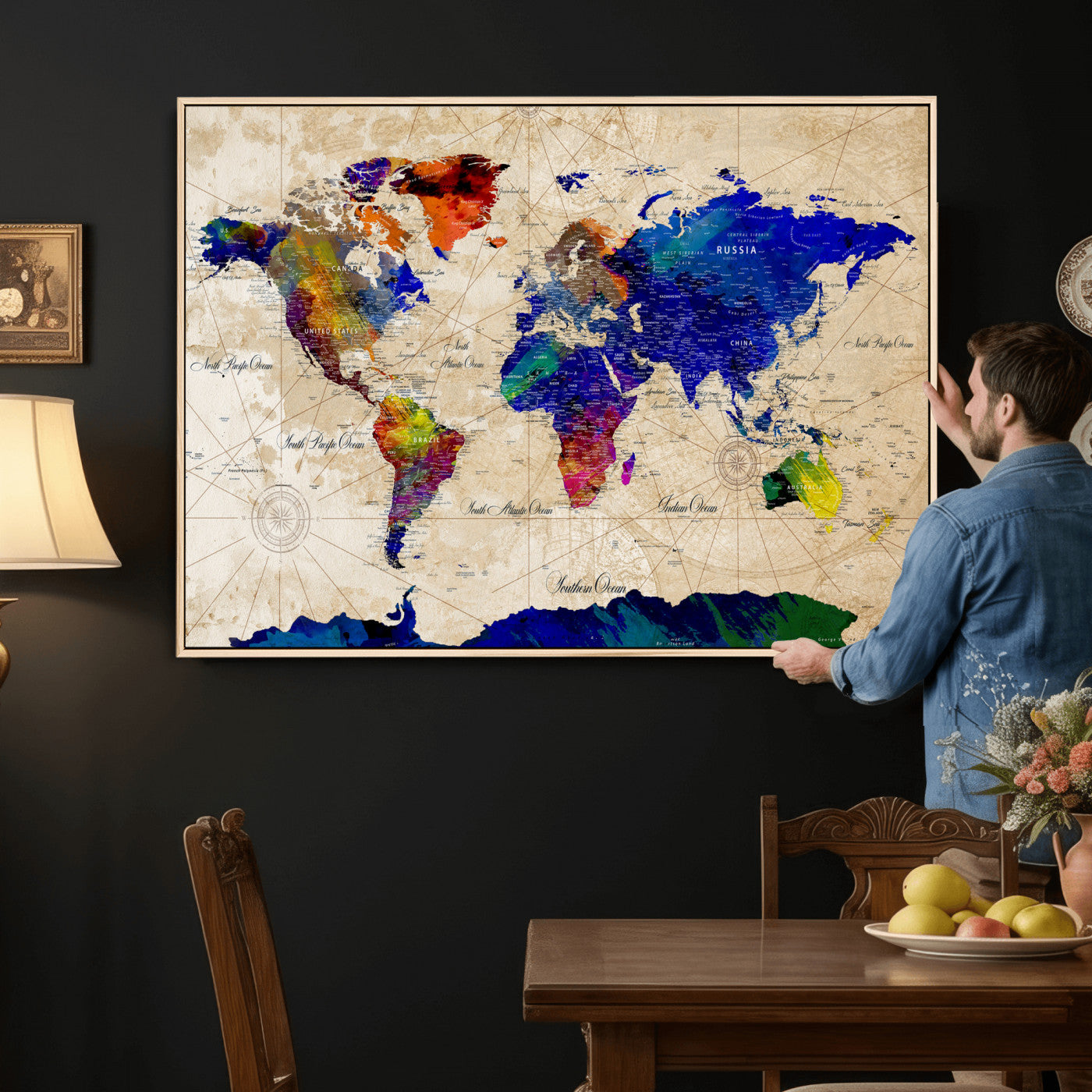 26284075-MGV-CV-36X24 - World Map Wall Art Canvas Print, Modern Decorative Framed Map Artwork Prints for Living Room, Office, Bedroom Wall Decor