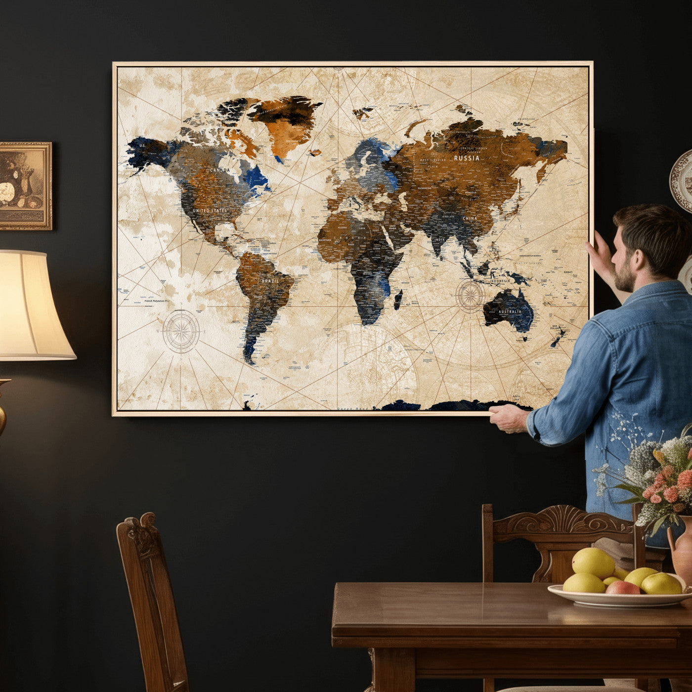 15727090-MGV-CV-36X24 - World Map Wall Art Canvas Print, Modern Decorative Framed Map Artwork Prints for Living Room, Office, Bedroom Wall Decor
