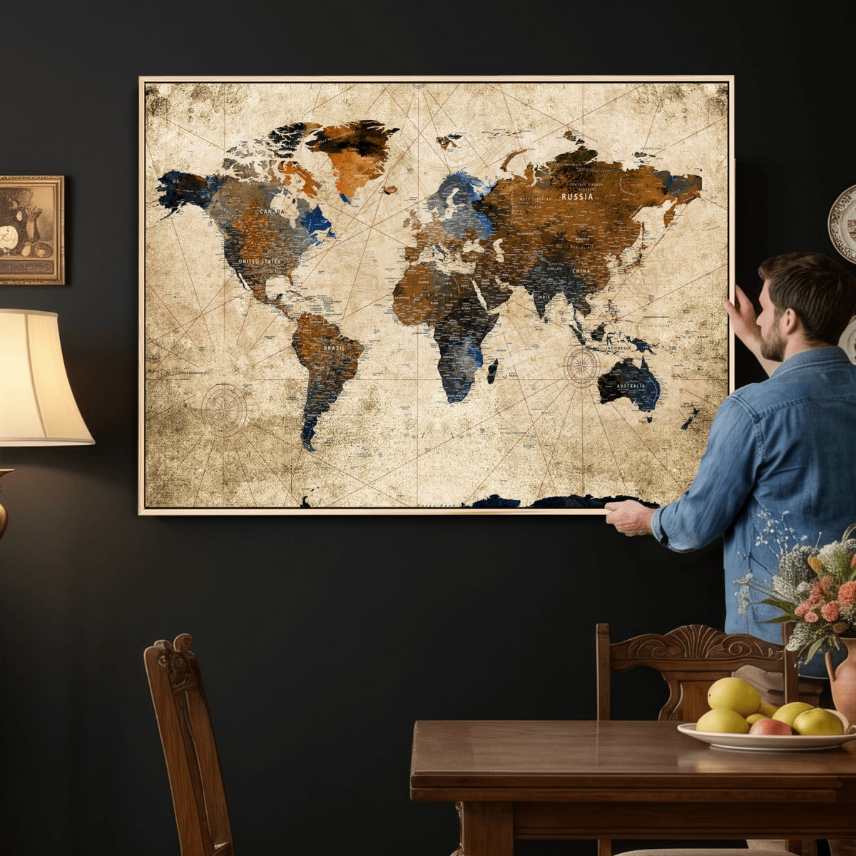 27163414-MGV-CV-36X24 - World Map Wall Art – Rustic Earth Tone Canvas Print, Antique