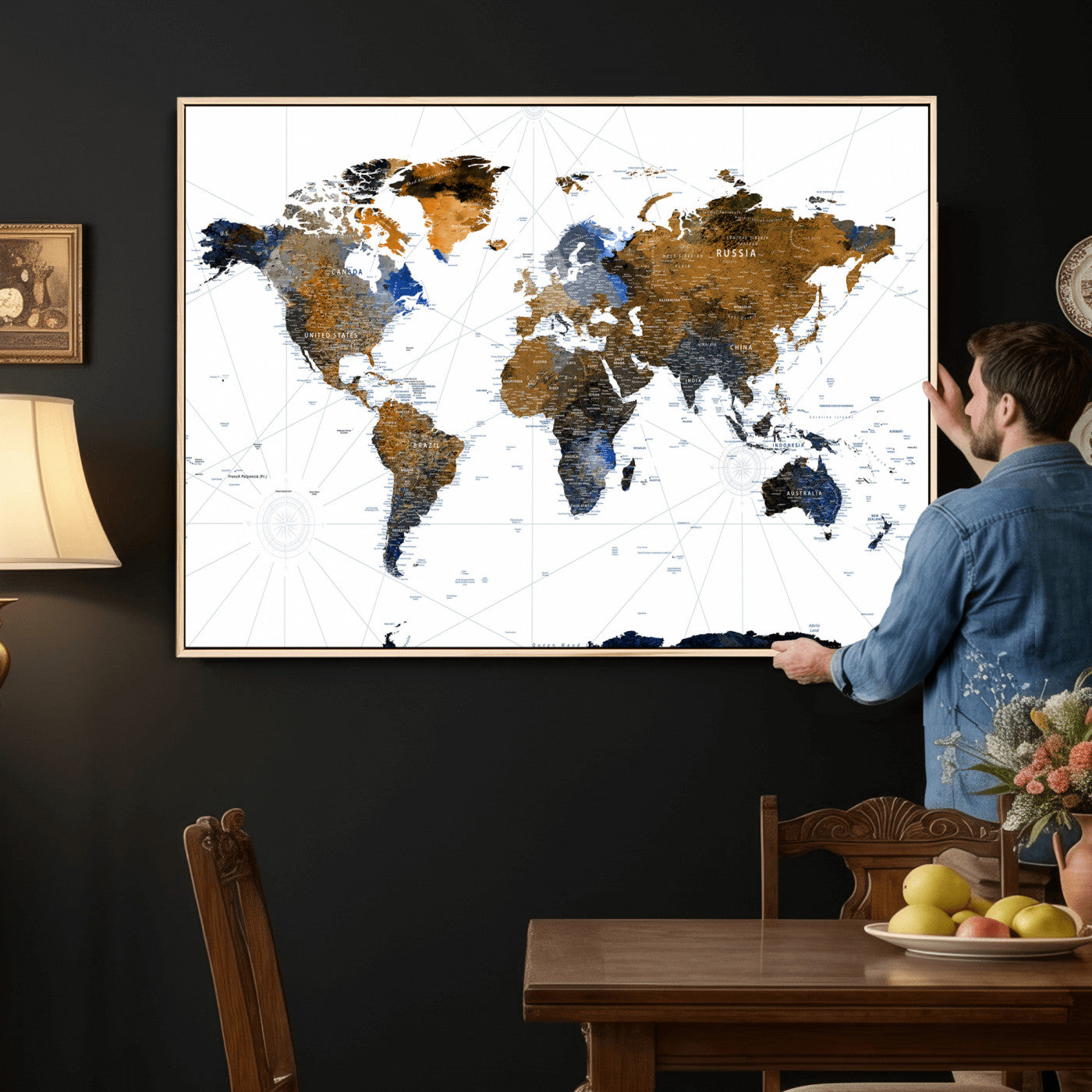 56364879-MGV-CV-36X24 - World Map Wall Art Canvas Print, Modern Decorative Framed Map Artwork Prints for Living Room Decor