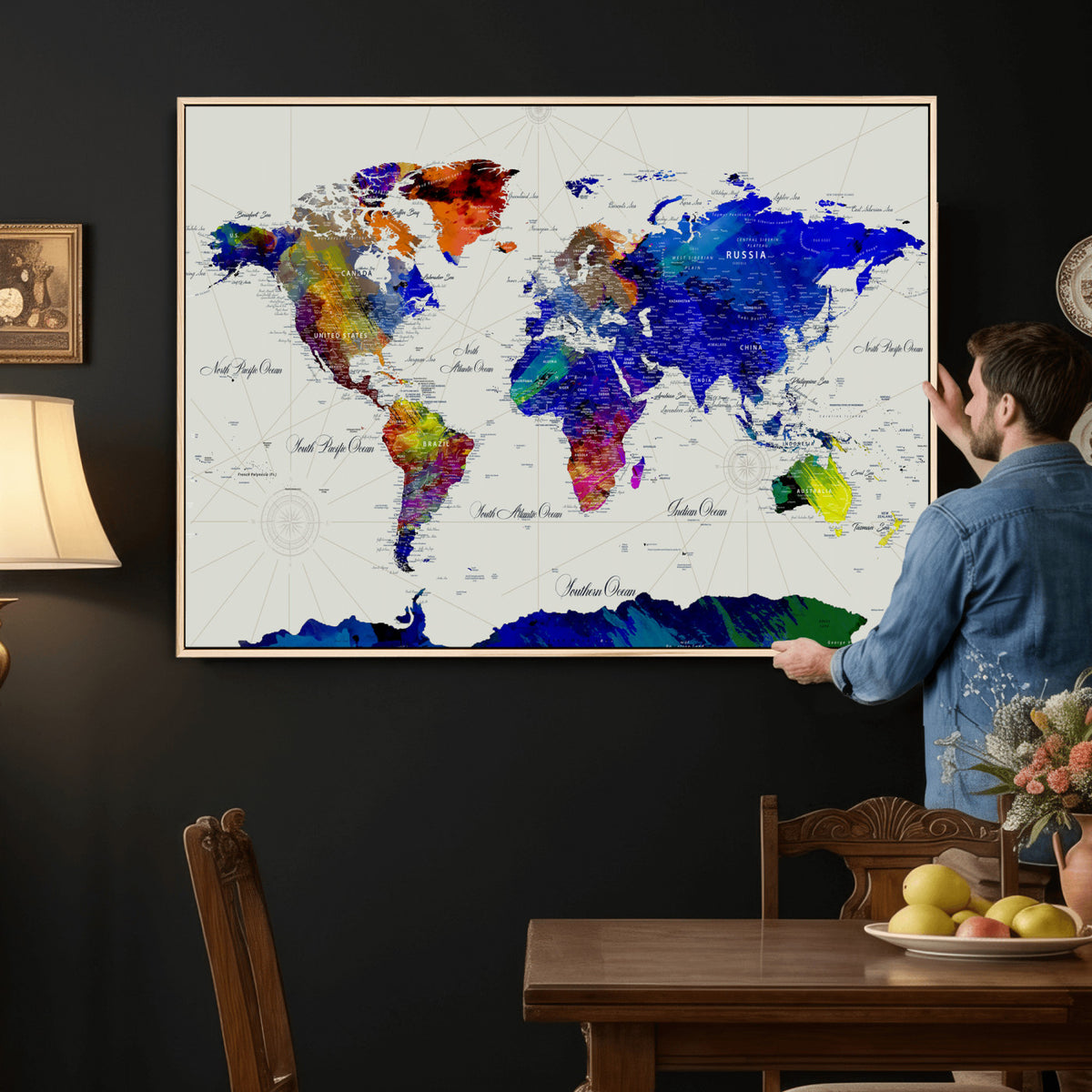 49670038-MGV-CV-36X24 - World Map Wall Art Canvas Print, Modern Decorative Framed Map Artwork