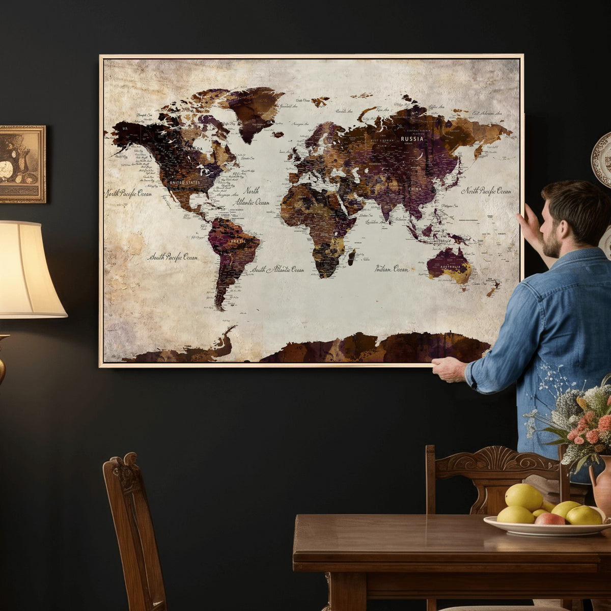 50611123-MGV-CV-36X24 - World Map Canvas Triptych | Colorful Global Wall Art for Living Rooms