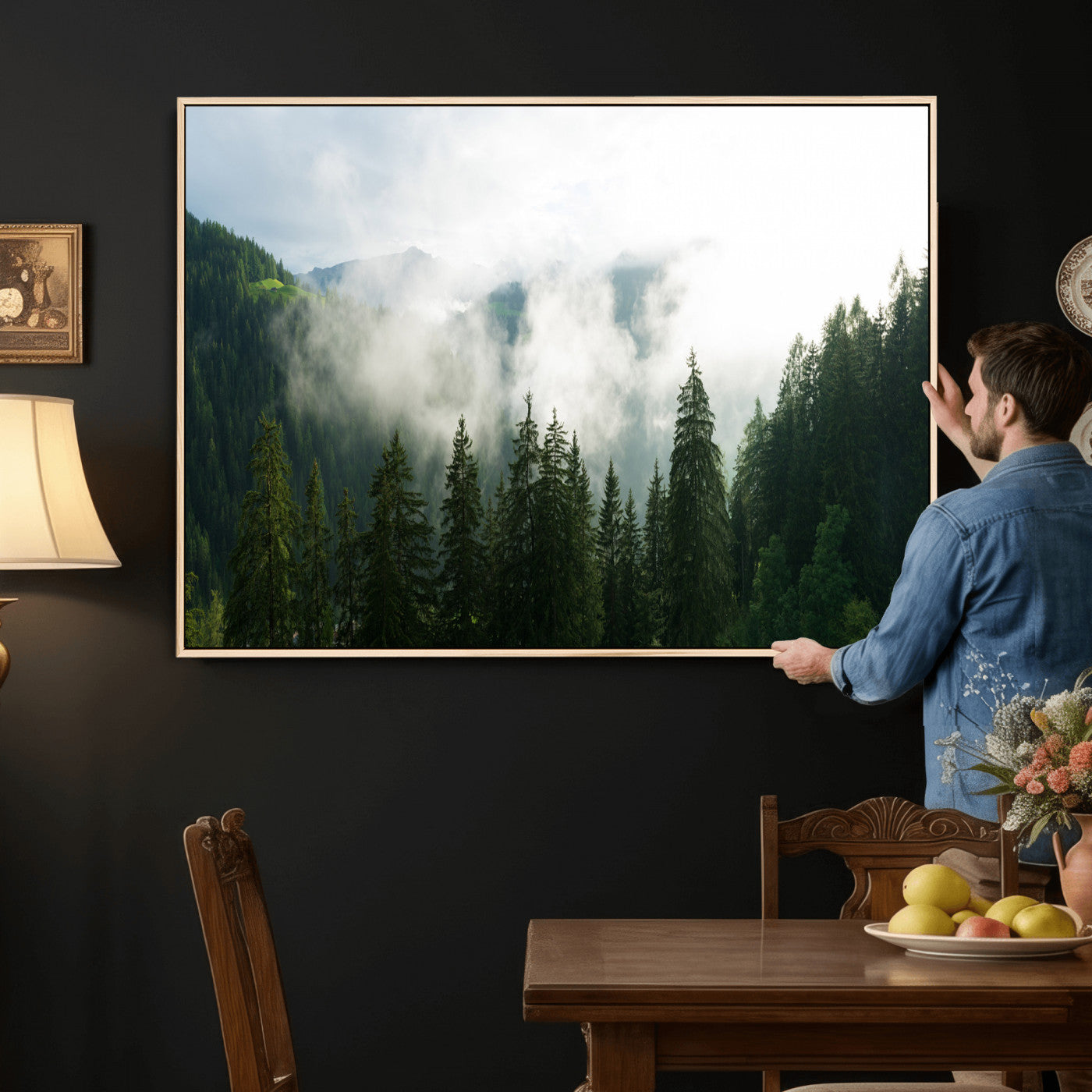 67174129-MGV-CV-36X24 - Misty Mountain Forest Canvas Print, Foggy Pine Trees Nature Wall Art, Framed Canvas Ready to Hang