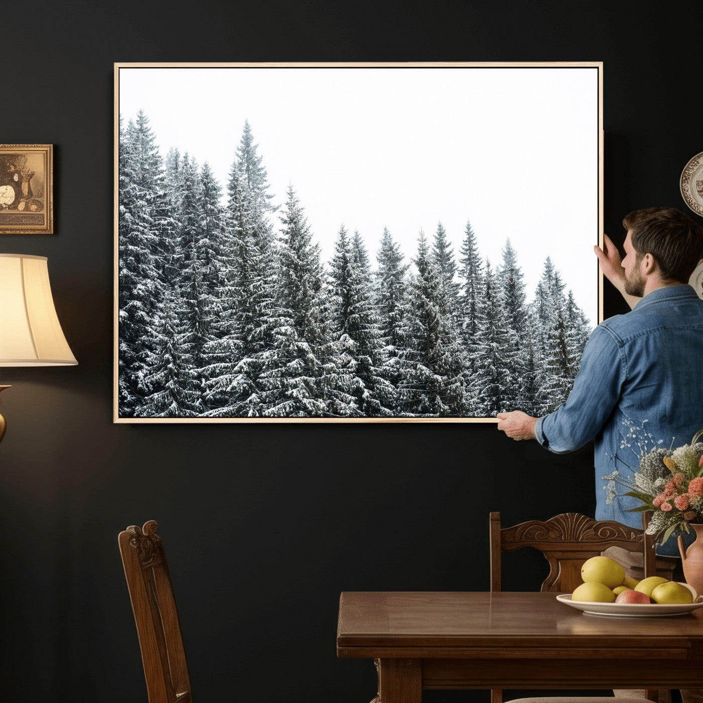 69566941-MGV-CV-36X24 - Misty Mountain Forest Canvas Print, Foggy Pine Trees Nature Wall Art, Framed Canvas Ready to Hang