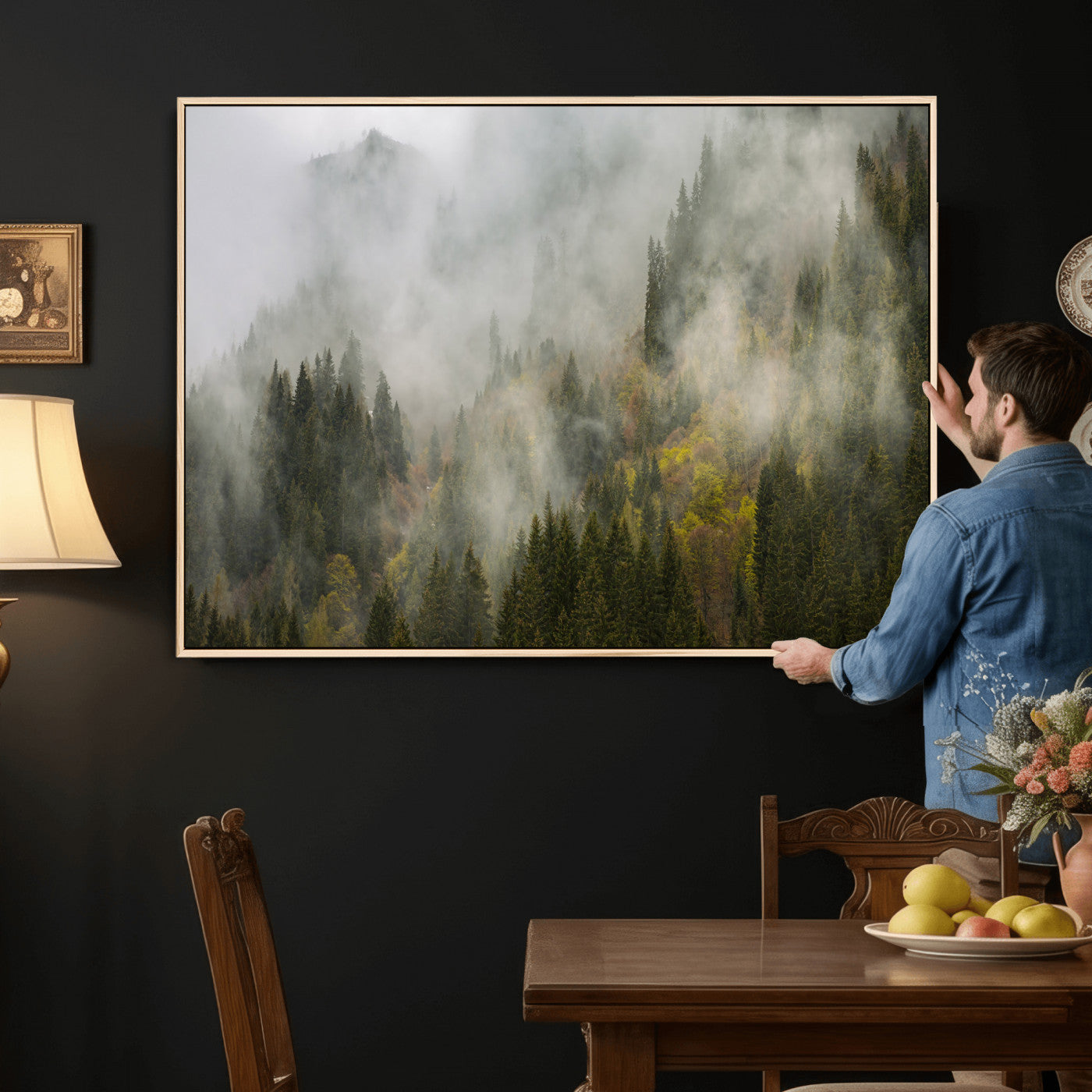 31152954-MGV-CV-36X24 - Misty Mountain Forest Canvas Print, Foggy Pine Trees Nature Wall Art, Framed Canvas Ready to Hang