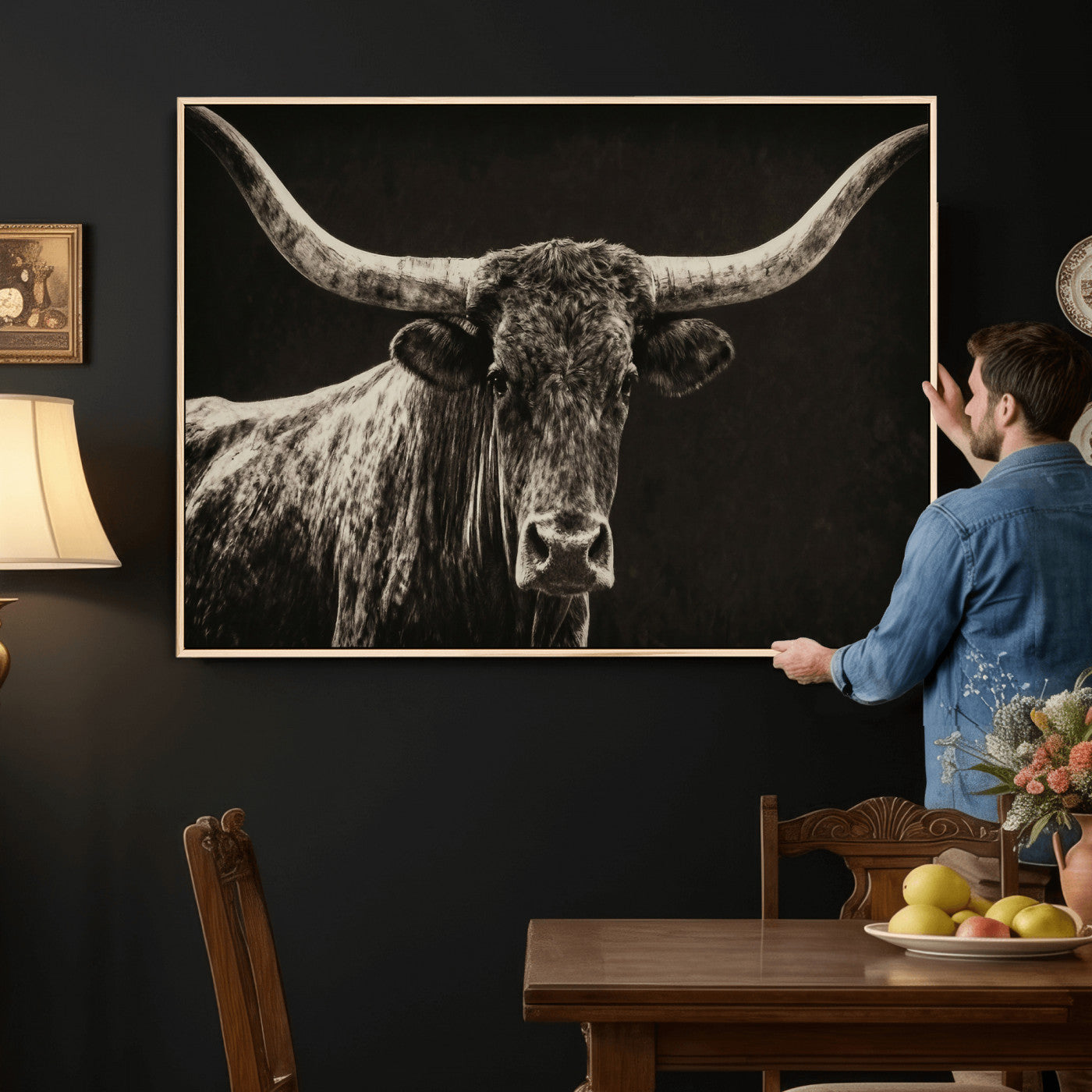 74513721-MGV-CV-36X24 - Vintage Texas Longhorn Bull Wall Art Canvas Print, Cow Portrait Photography Print, Framed Wall Art Ready to Hang