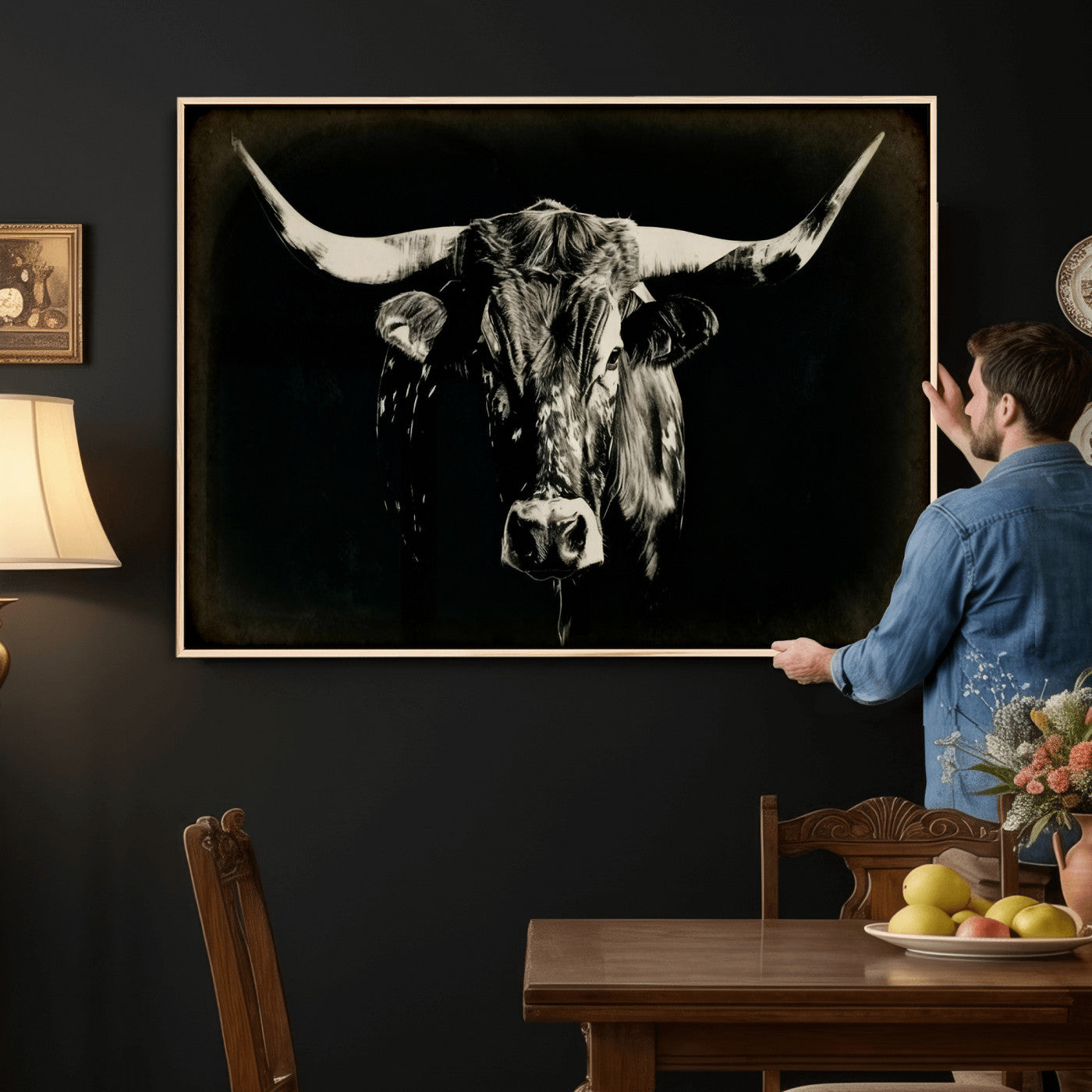 91364114-MGV-CV-36X24 - Black Bull Wall Art Canvas Print, Texas Longhorn Portrait Print, Framed Wall Art Ready to Hang
