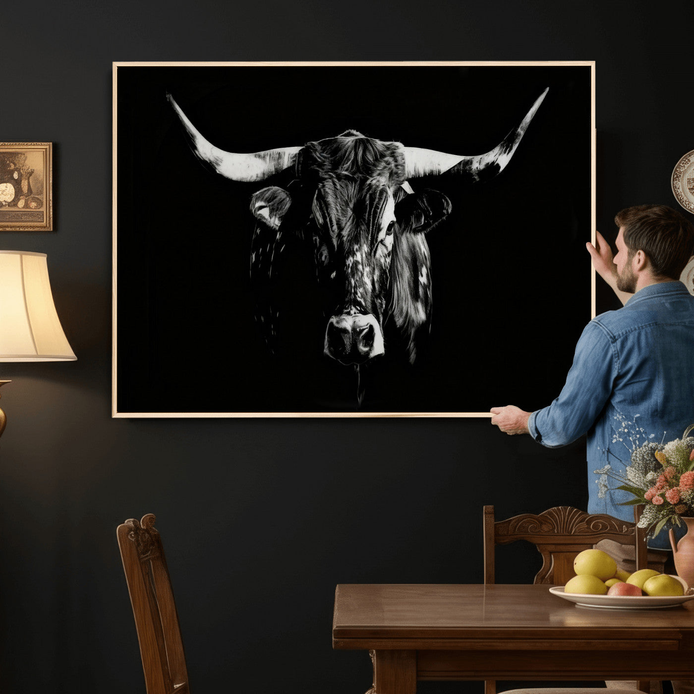 21436434-MGV-CV-36X24 - Black Bull Wall Art Canvas Print, Dark Longhorn Portrait Photography, Framed Wall Art Ready to Hang