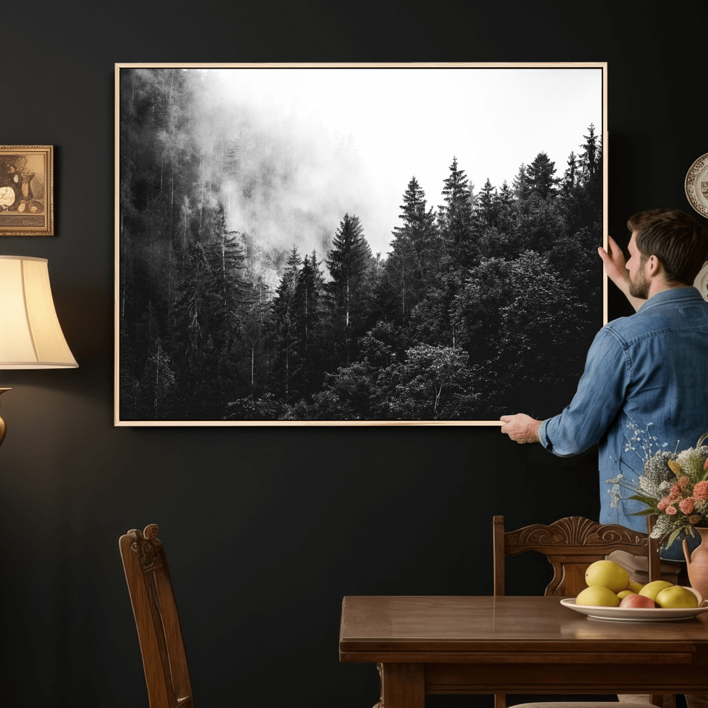 98764151-MGV-CV-36X24 - Black and White Forest Wall Art Canvas Print, Misty Pine Tree Landscape Photography, Framed Wall Art Ready to Hang