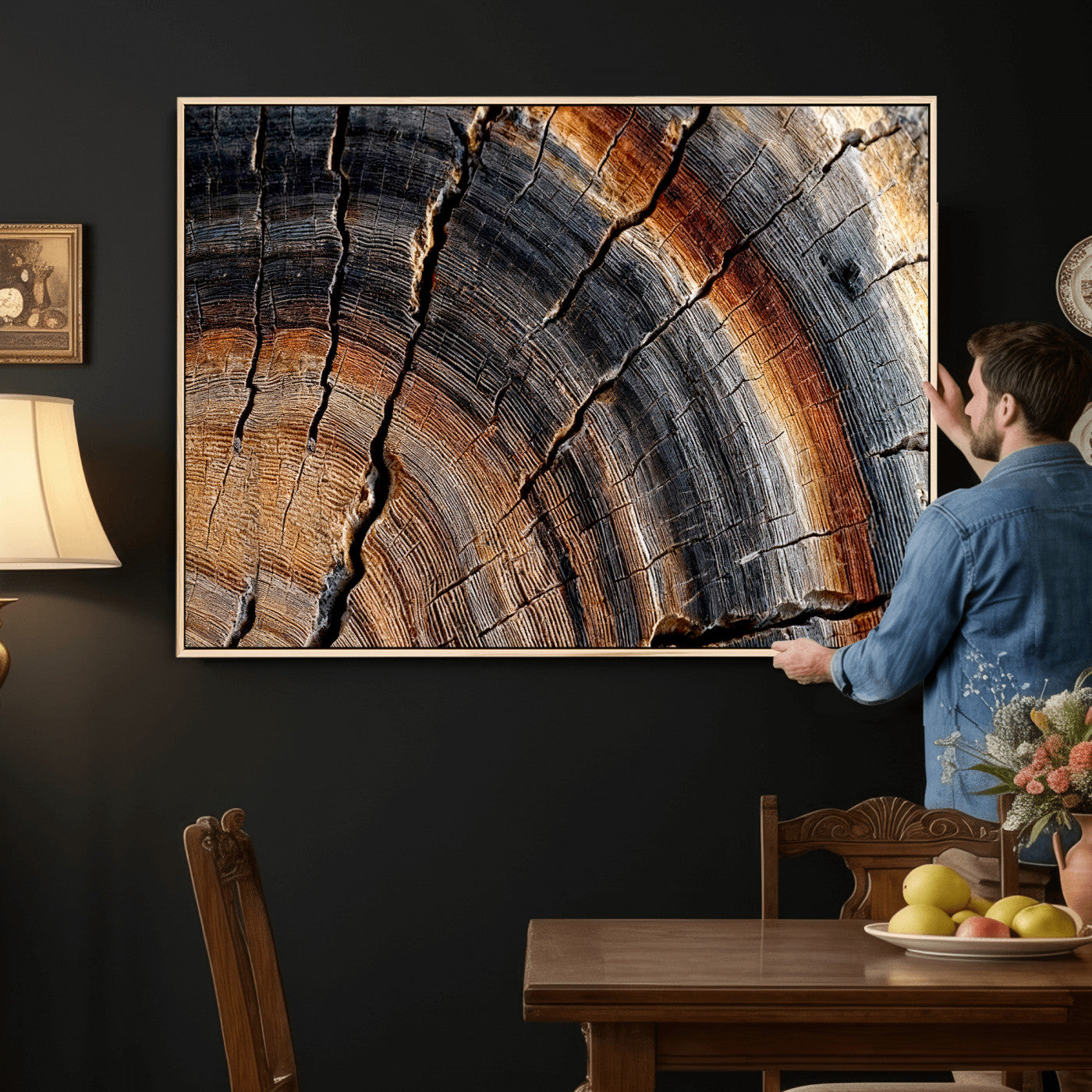 92693966E-MGV-CV-36X24 - Framed Large Abstract Wood Grain Canvas Print, Tree Ring Pattern Wall Art, Framed Canvas Ready to Hang