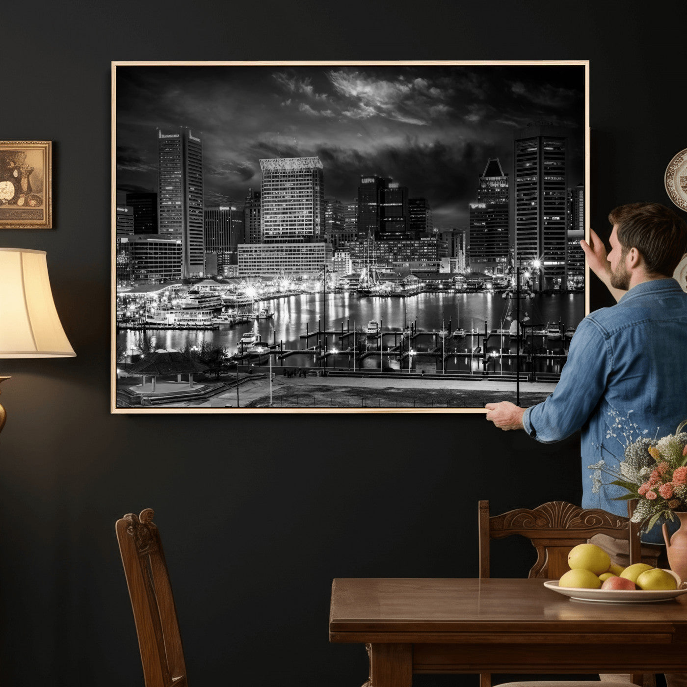 79755655-MGV-CV-36X24 - Baltimore Skyline Wall Art Canvas Print, Baltimore Downtown Night Cityscape Print for Modern Urban Wall Decor
