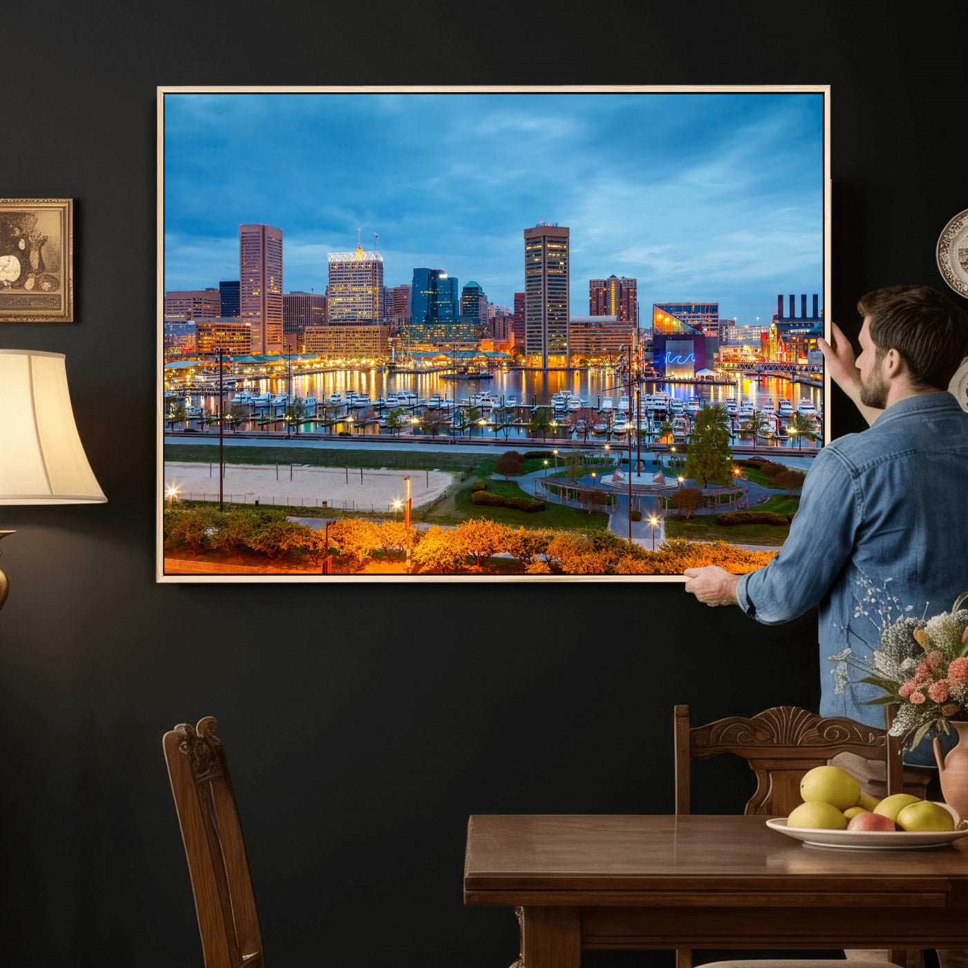 78635089-MGV-CV-36X24 - Baltimore Skyline Wall Art Canvas Print, Baltimore Downtown Night Cityscape Print for Modern Urban Wall Decor
