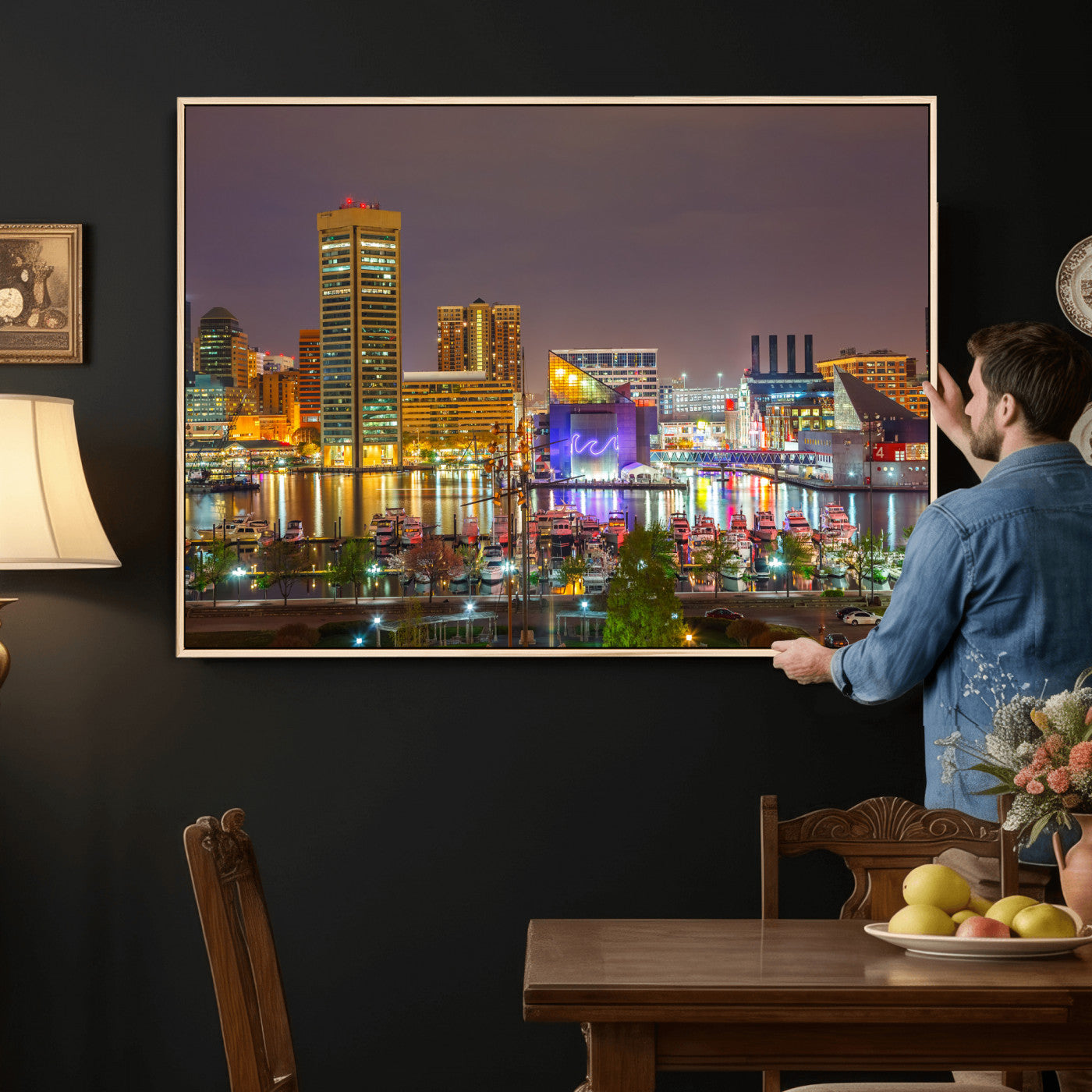 42654823-MGV-CV-36X24 - Baltimore Skyline Wall Art Canvas Print, Baltimore Downtown Night Cityscape Print for Modern Urban Wall Decor