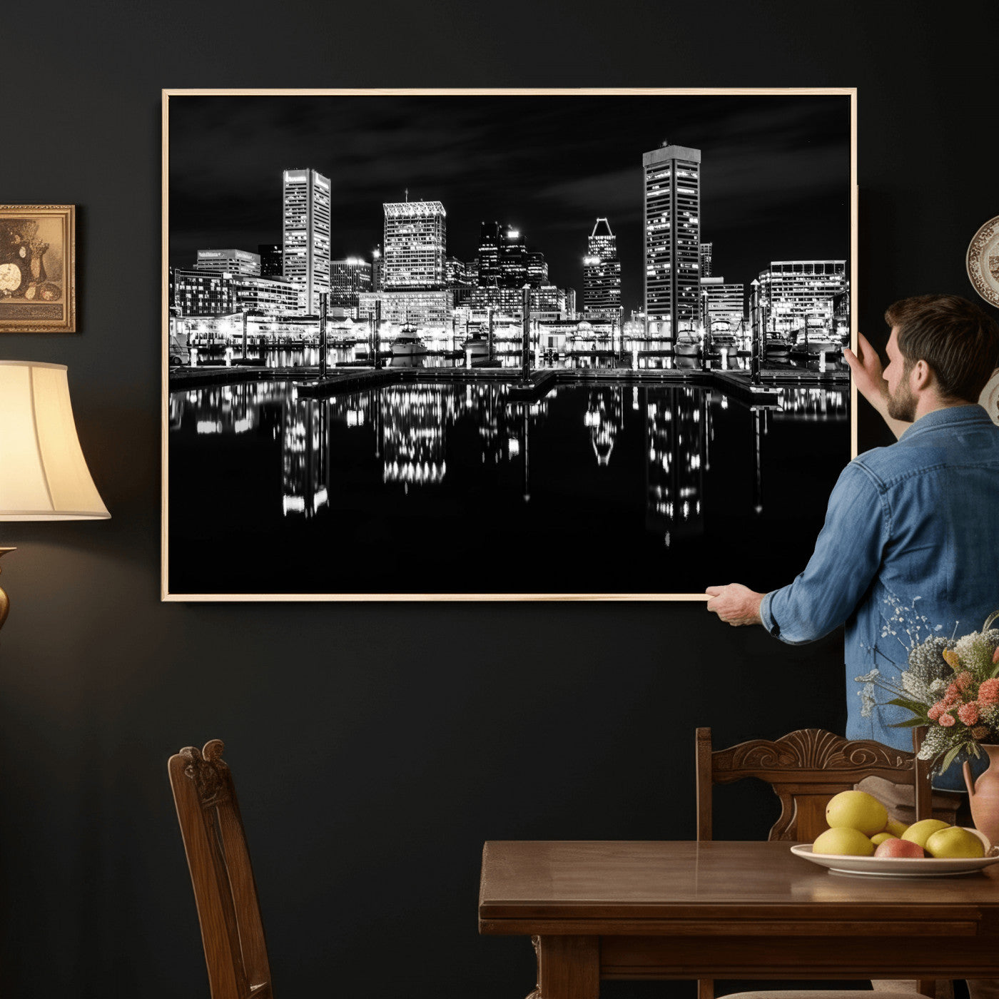 69187681-MGV-CV-36X24 - Baltimore Skyline Wall Art Canvas Print, Baltimore Downtown Night Cityscape Print for Modern Urban Wall Decor