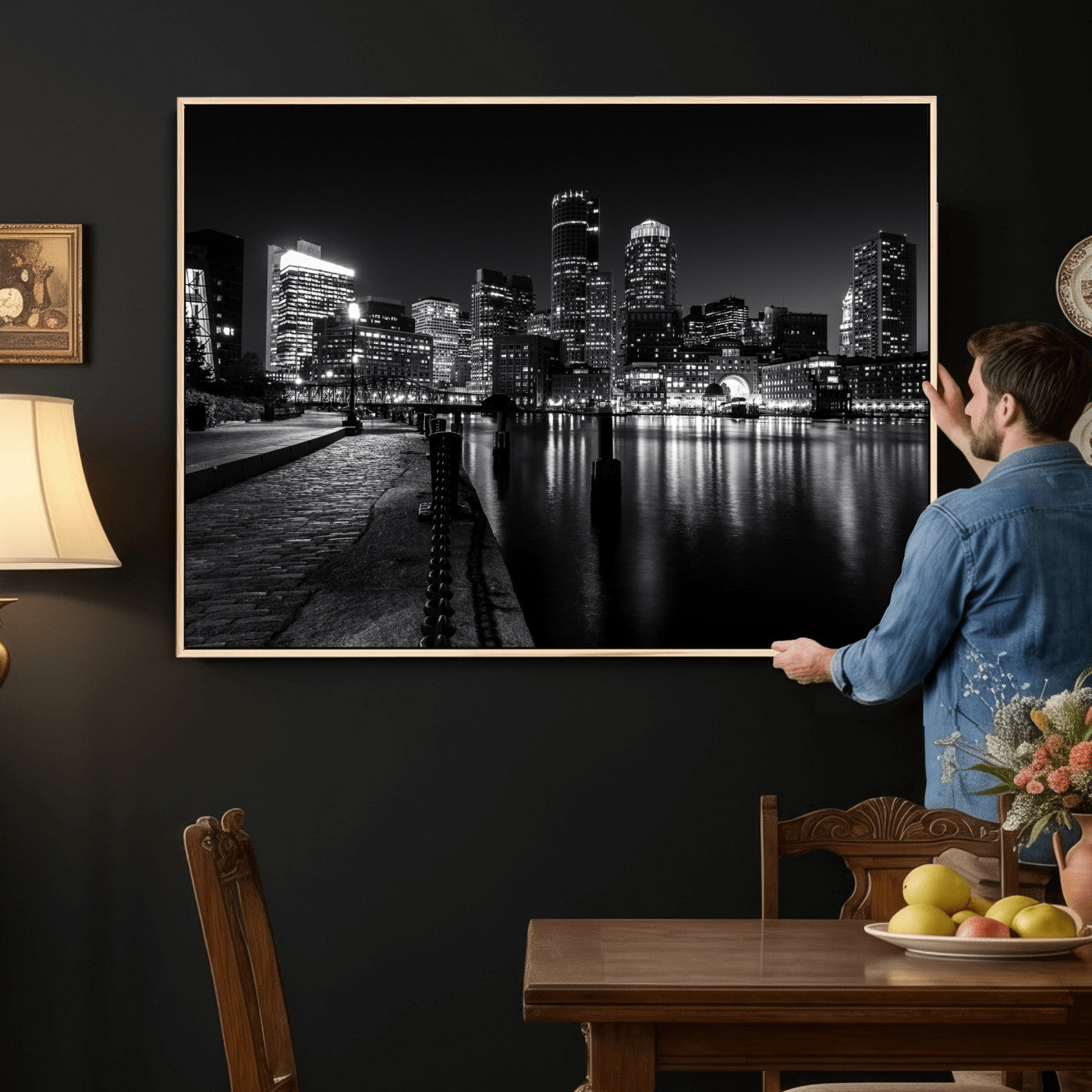 53082656-MGV-CV-36X24 - Boston Wall Art Canvas Print, Boston City Downtown Night Cityscape Print for Modern Urban Wall Decor