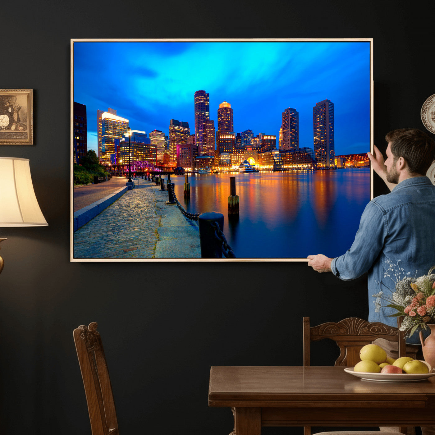 69619565-MGV-CV-36X24 - Boston Wall Art Canvas Print, Boston City Downtown Night Cityscape Print for Modern Urban Wall Decor