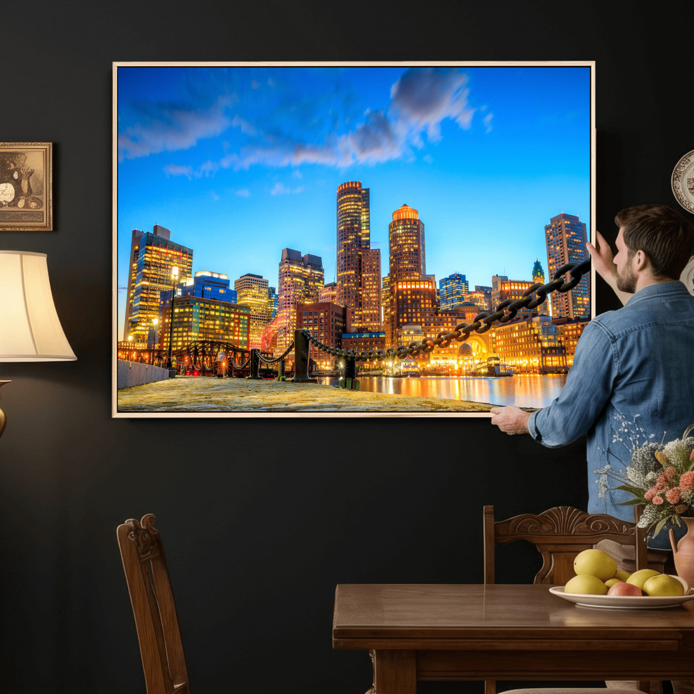 46736409-MGV-CV-36X24 - Boston Wall Art Canvas Print, Boston City Downtown Night Cityscape Print for Modern Urban Wall Decor