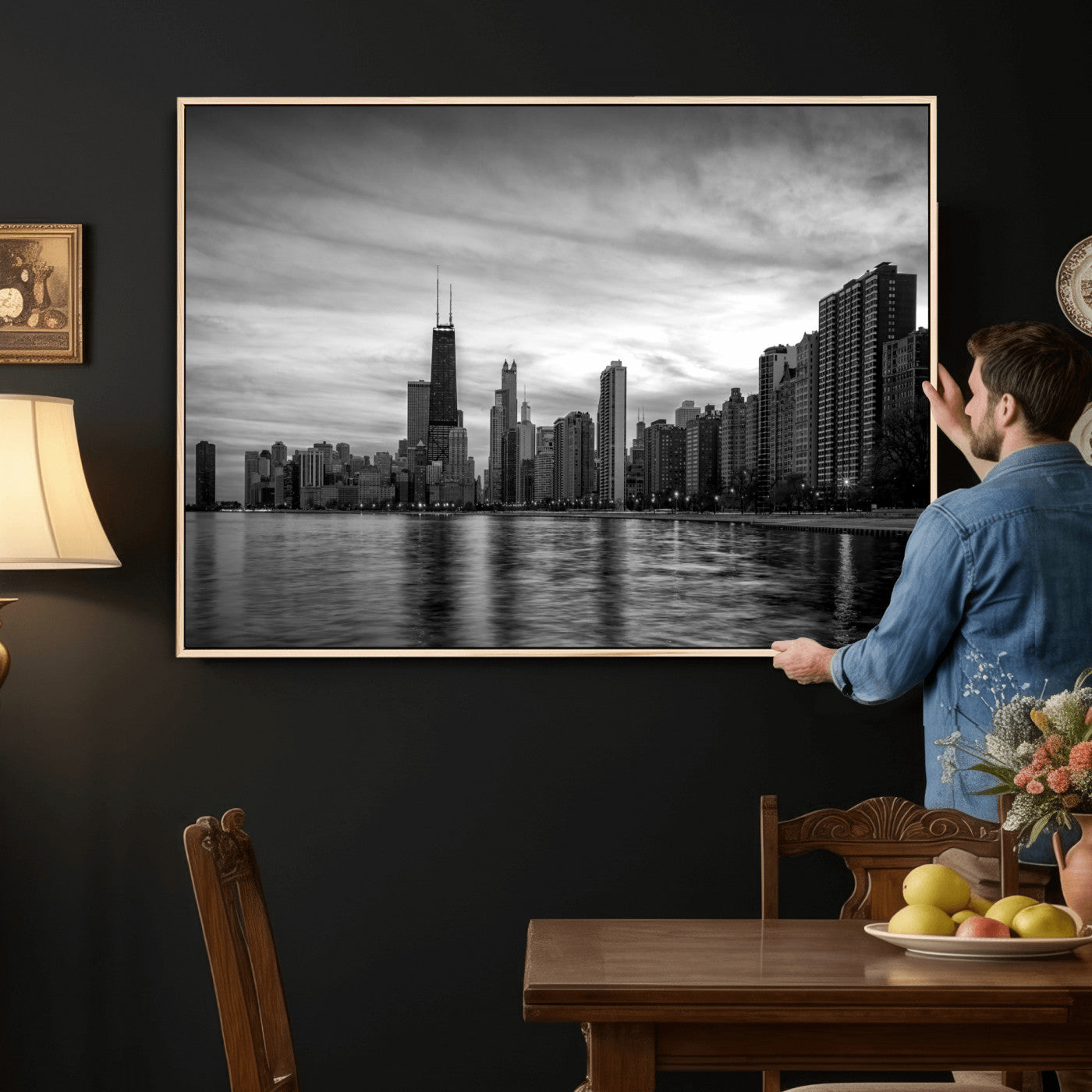 74552581-MGV-CV-36X24 - Chicago Wall Art Canvas Print, Chicago City Downtown Night Cityscape Print for Modern Urban Wall Decor