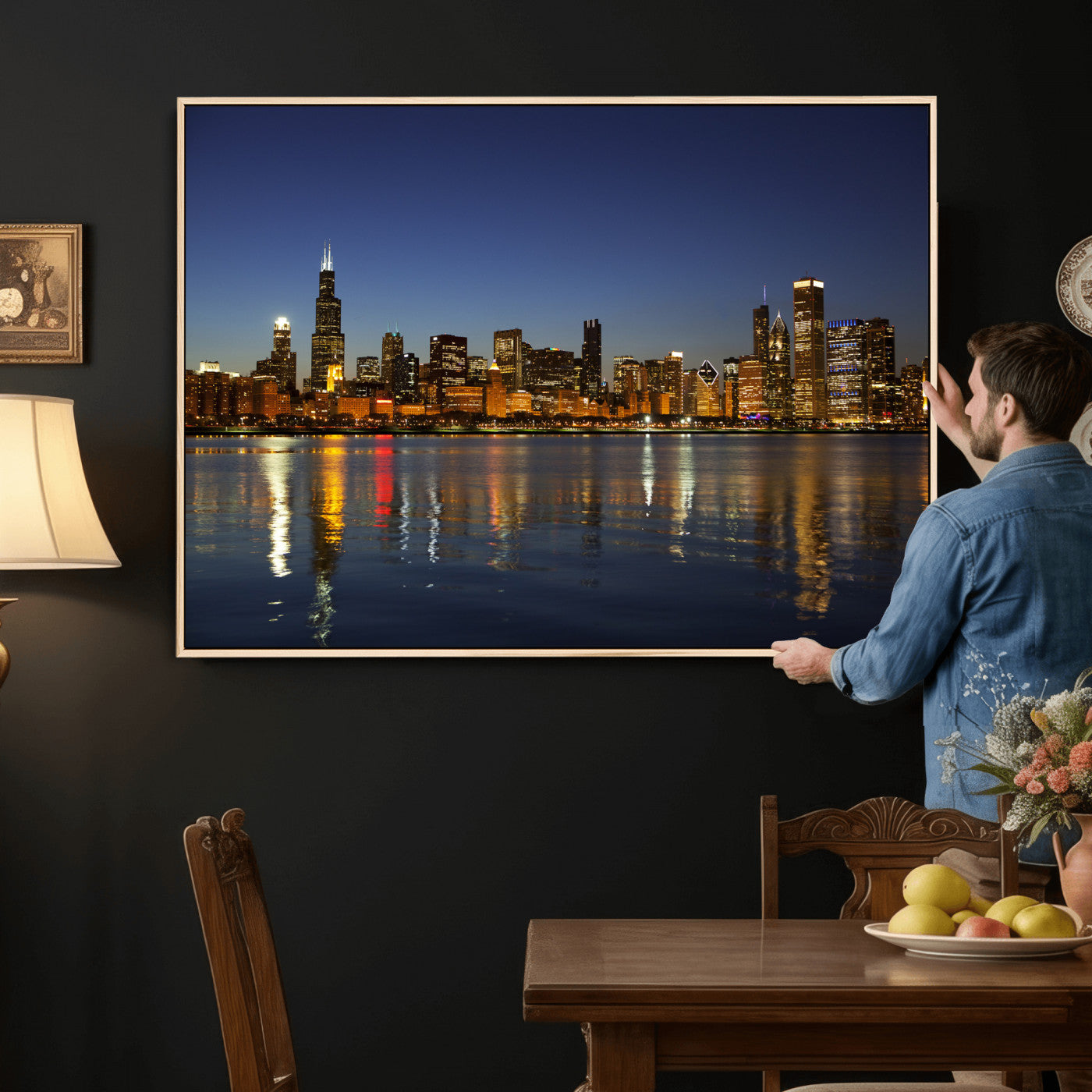 67308035-MGV-CV-36X24 - Chicago Wall Art Canvas Print, Chicago City Downtown Night Cityscape Print for Modern Urban Wall Decor