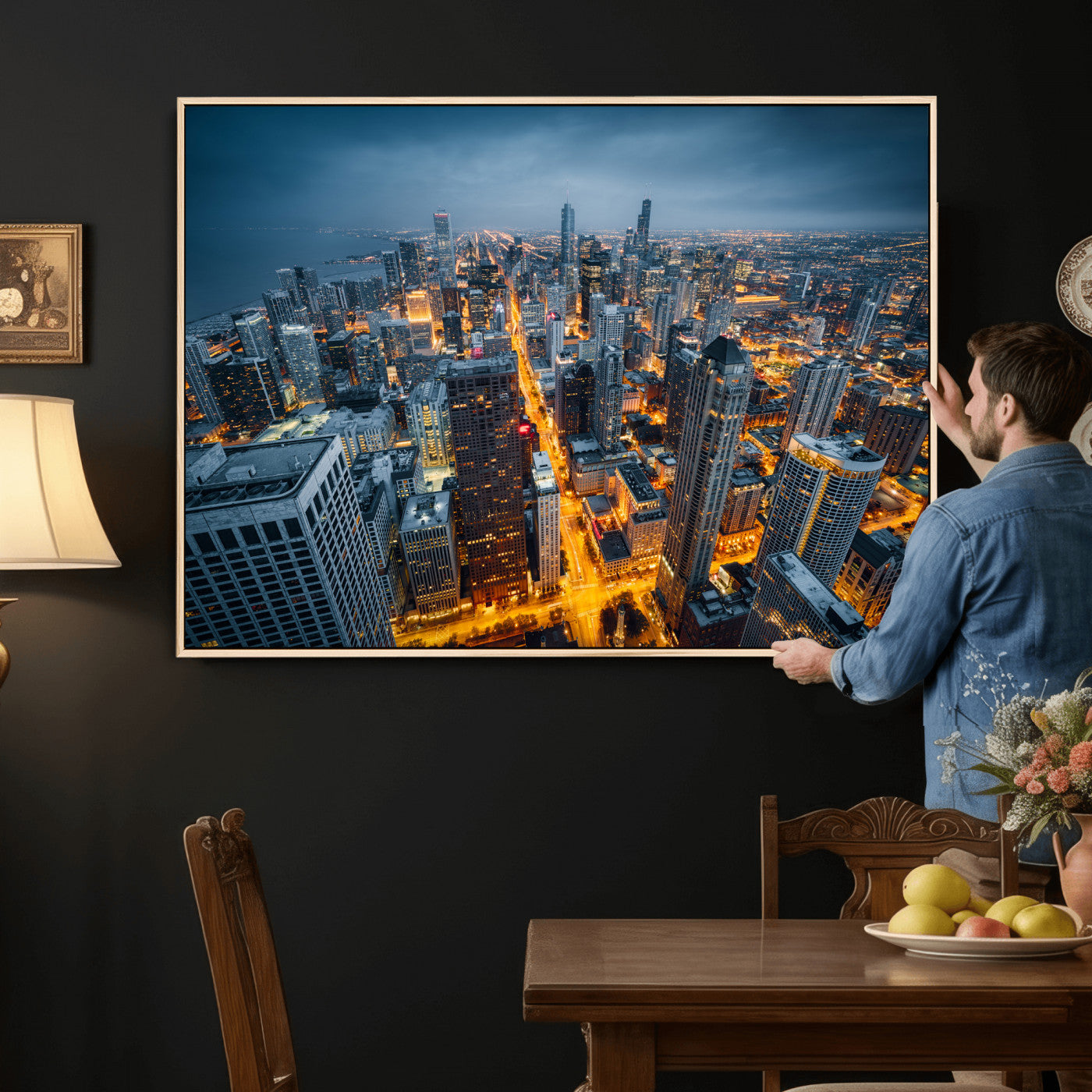 81742538-MGV-CV-36X24 - Chicago Wall Art Canvas Print, Chicago City Downtown Night Cityscape Print for Modern Urban Wall Decor