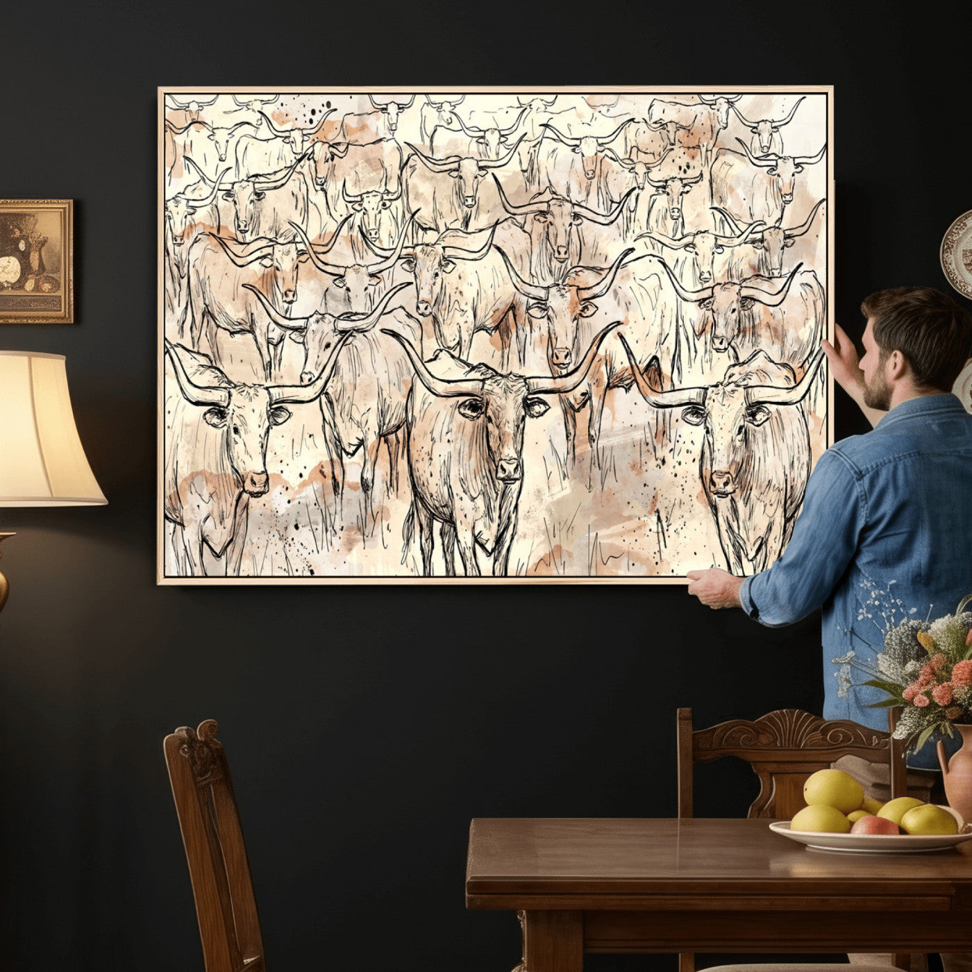 94055403-MGV-CV-36X24 - Farmhouse Animals Wall Art Canvas Print - Abstract Farm Animal Drawing Mid-Century Wall Art for Cabin Decor