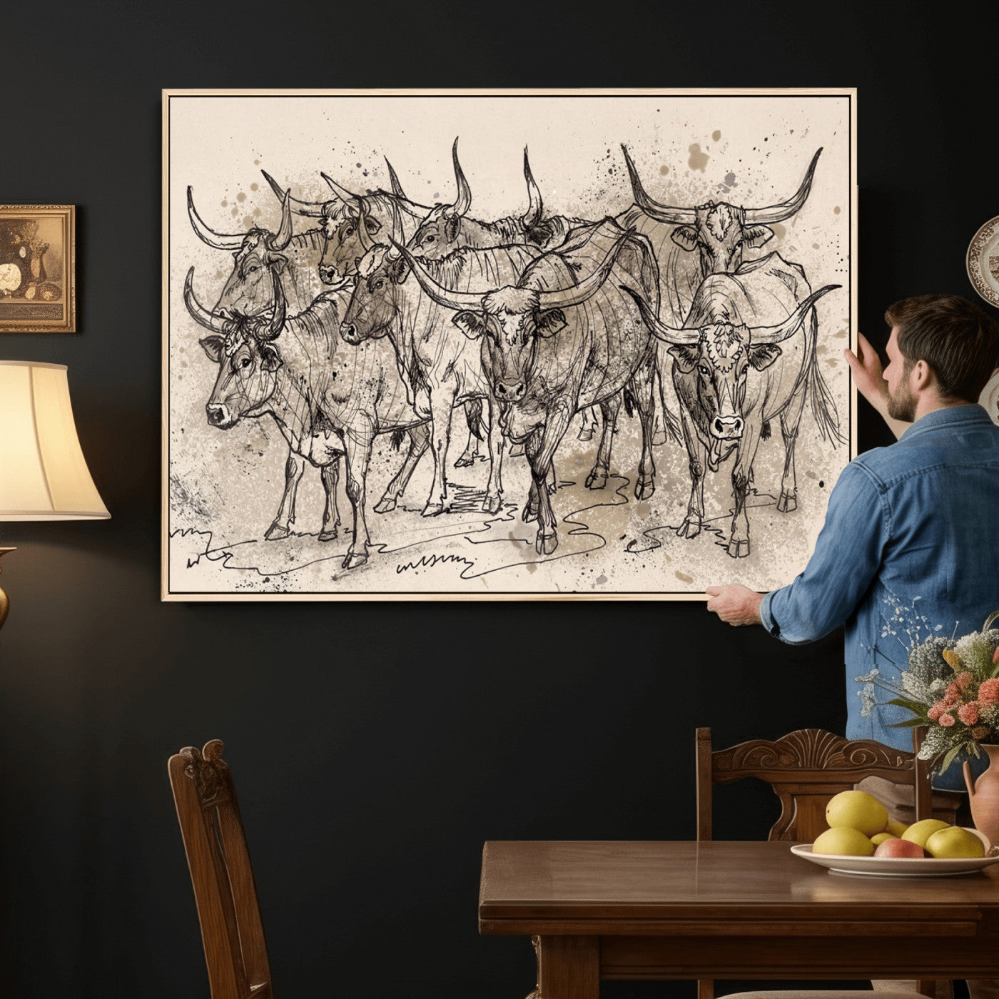 74232558-MGV-CV-36X24 - Farmhouse Animals Wall Art Canvas Print - Abstract Farm Animal Drawing Mid-Century Wall Art for Cabin Decor