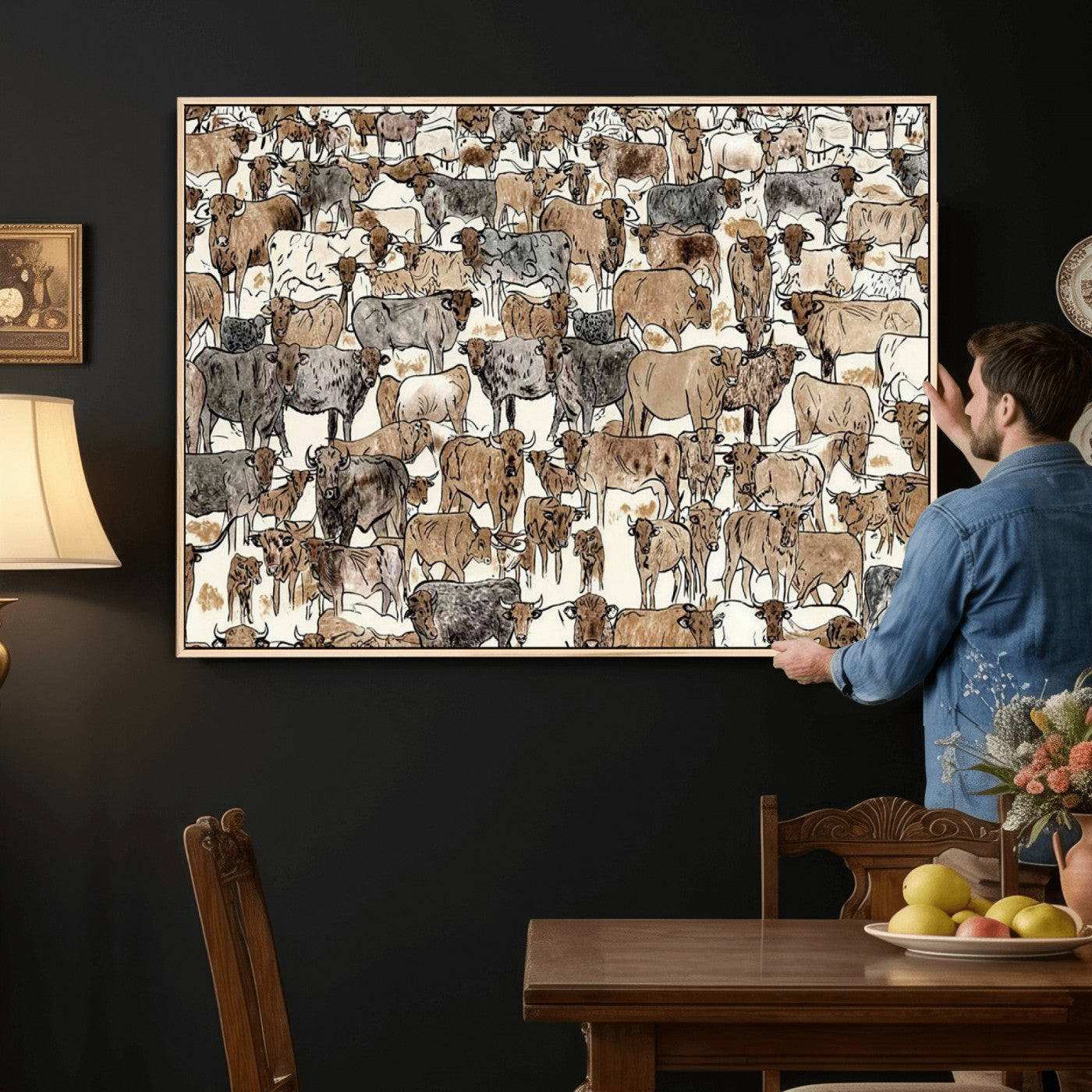 76902119-MGV-CV-36X24 - Farmhouse Animals Wall Art Canvas Print - Abstract Farm Animal Drawing Mid-Century Wall Art for Cabin Decor
