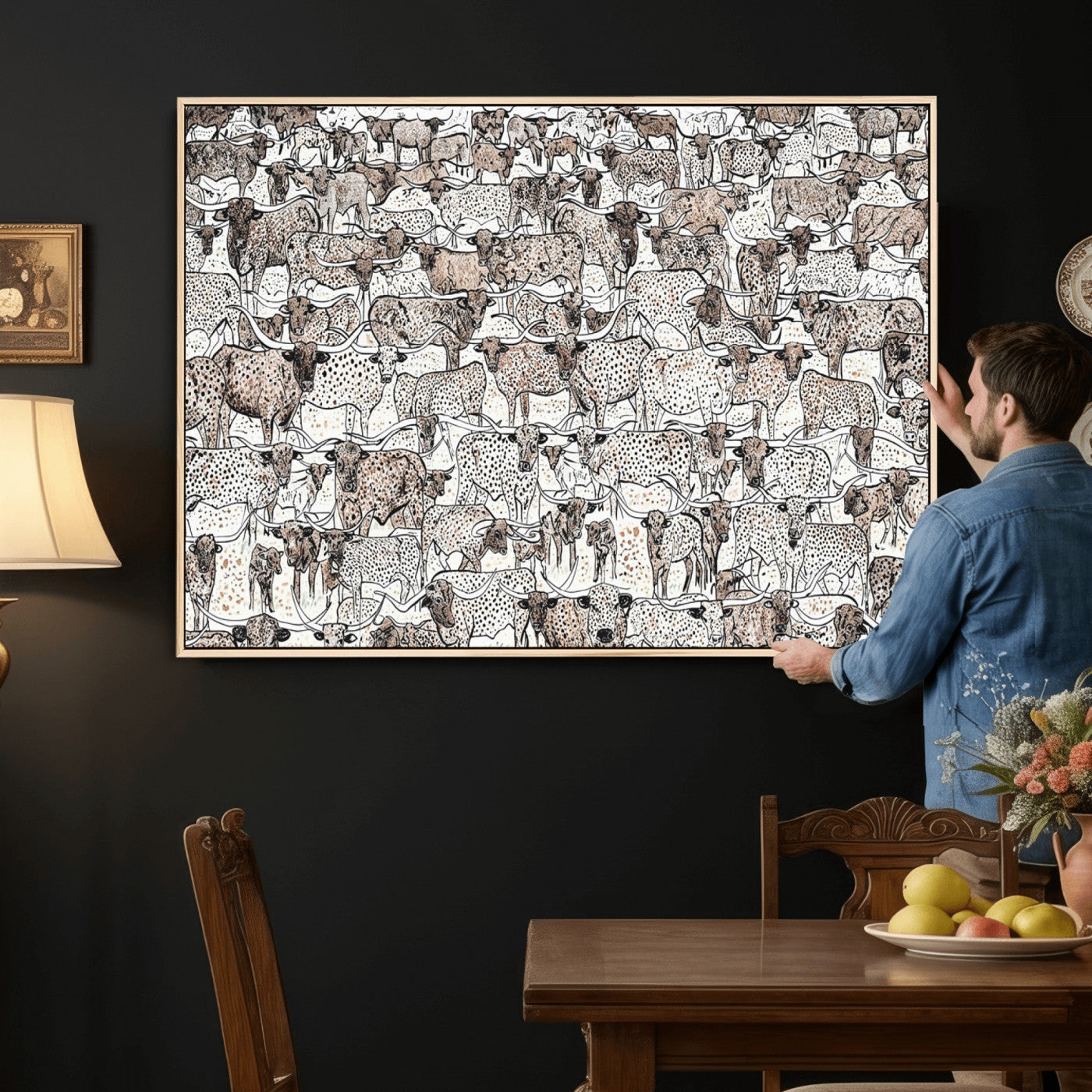 49200255-MGV-CV-36X24 - Farmhouse Animals Wall Art Canvas Print - Abstract Farm Animal Drawing Mid-Century Wall Art for Cabin Decor
