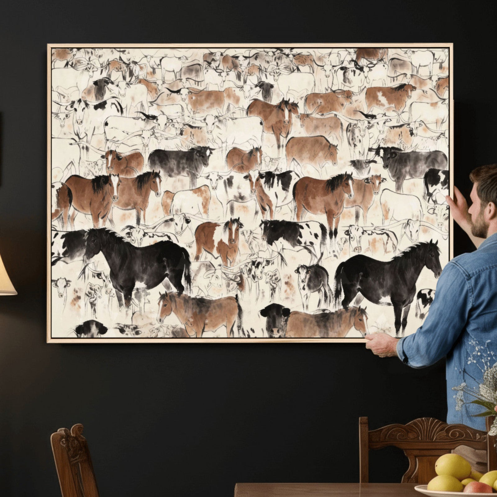 74171578-MGV-CV-36X24 - Farmhouse Animals Wall Art Canvas Print - Abstract Farm Animal Drawing Mid-Century Wall Art for Cabin Decor