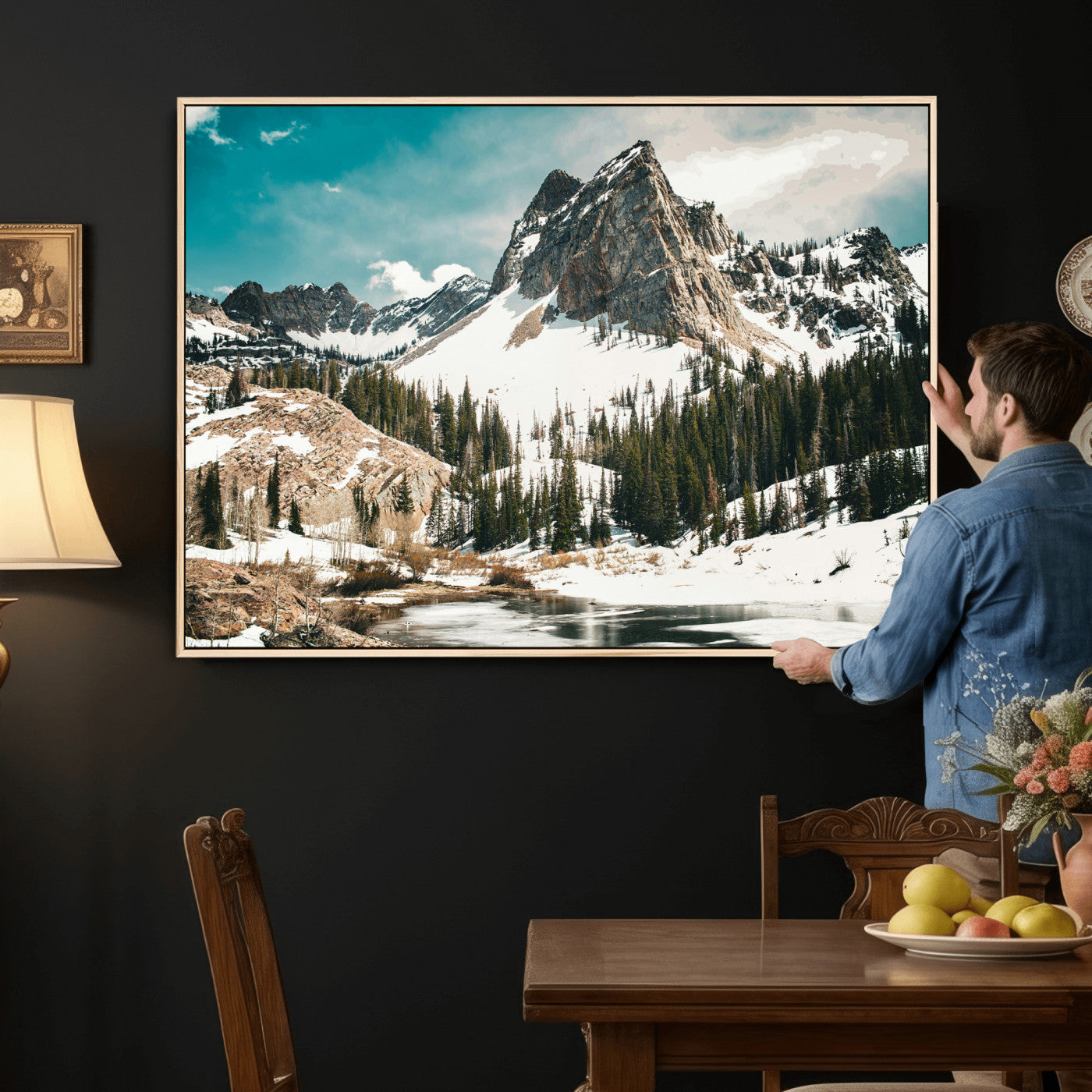 56837070-MGV-CV-36X24 - Snowy Mountain Landscape Wall Art Canvas Print, Alpine Pine Forest Winter Nature Wall Decor for Living Room and Office