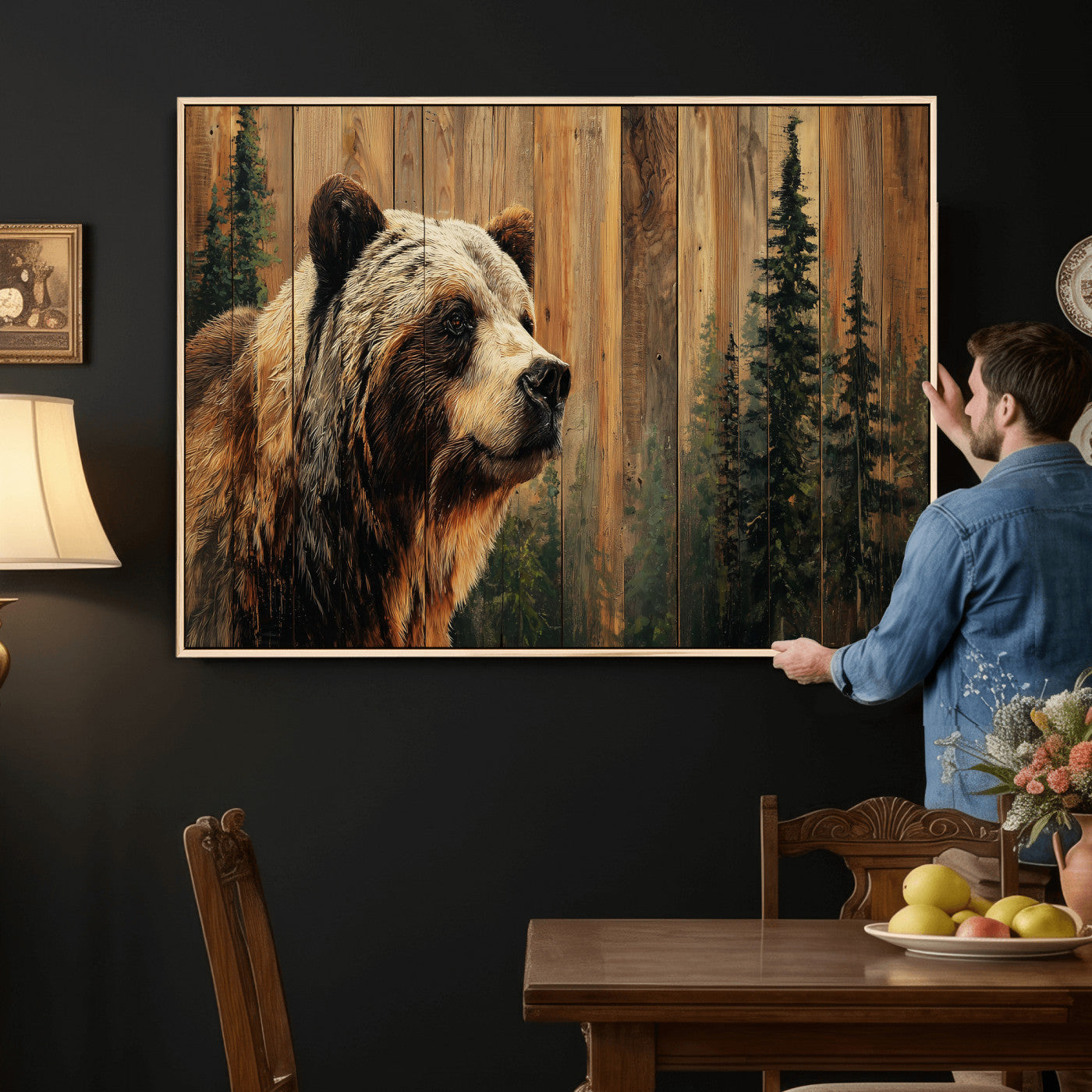 75645180-MGV-CV-36X24 - Grizzly Bear Wall Art Canvas Print, Rustic Wildlife Bear Artwork, Forest Animal Painting, Cabin Lodge Nature Wall Decor