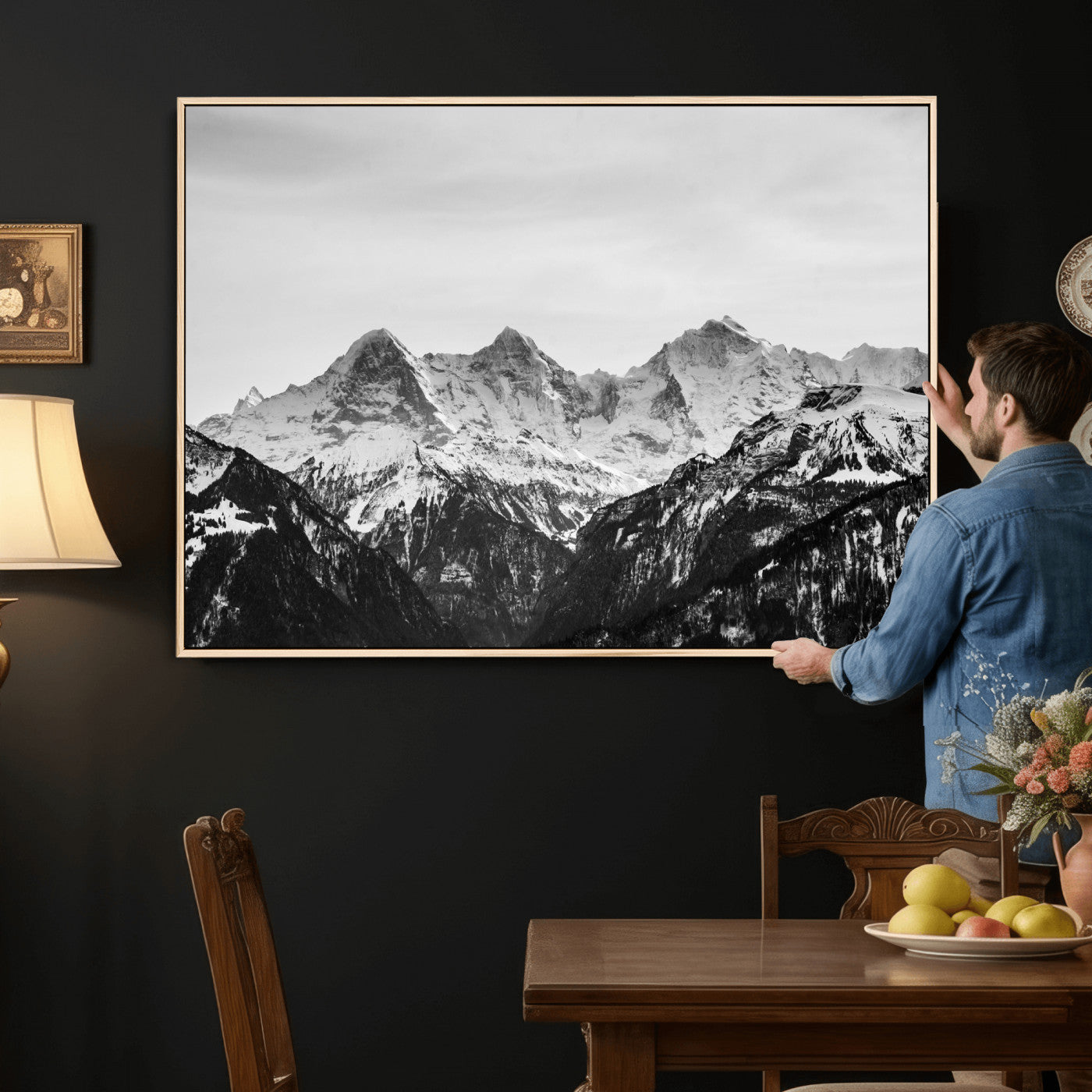 85684934-MGV-CV-36X24 - Black and White Mountain Wall Art Canvas Print, Snowy Alpine Peaks Landscape Photography, Minimal Monochrome Mountain Art, Scenic Nature Wall Decor