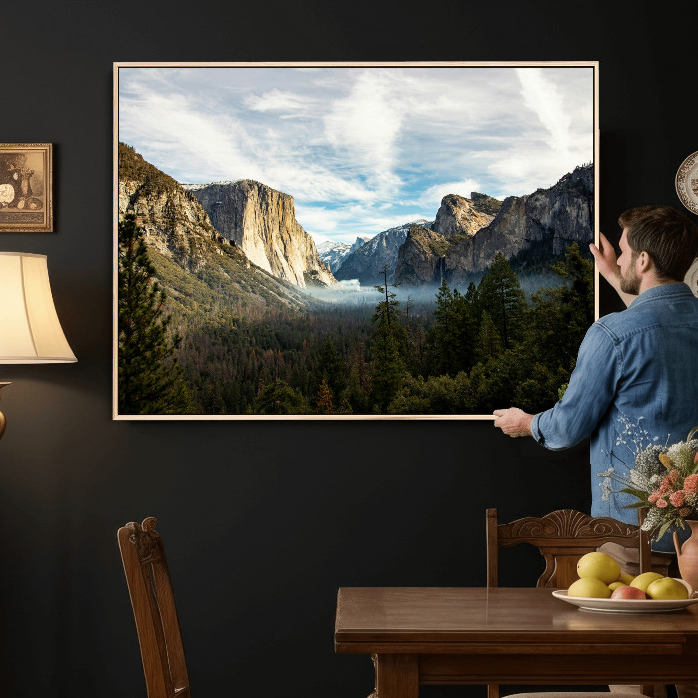 15089394-MGV-CV-36X24 - Yosemite Valley Mountain Landscape Wall Art Canvas Print, Granite Cliff Forest Valley Canvas Print, California National Park Scenic Art Printing