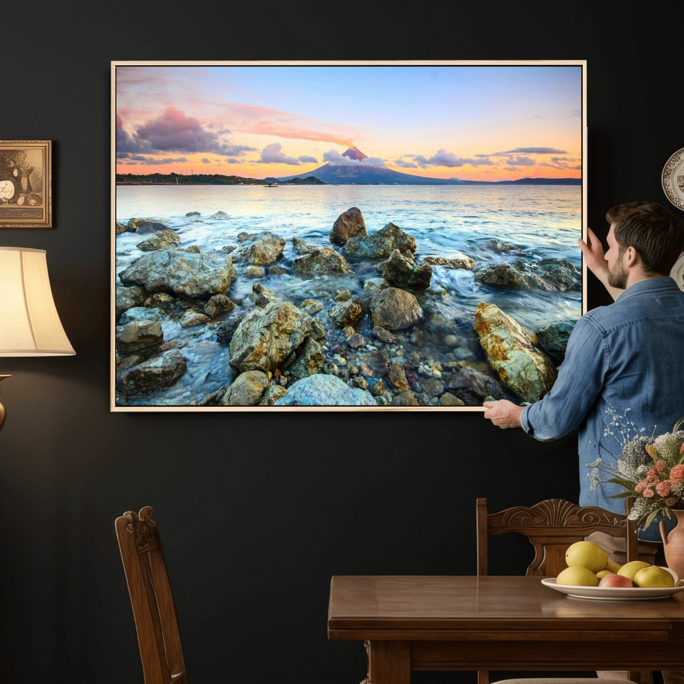 46869511-MGV-CV-36X24 - Mayon Volcano Seascape Landscape Wall Art Canvas Print, Tropical Ocean Shore Mountain Canvas Print, Philippines Coastal Scenic Art Printing