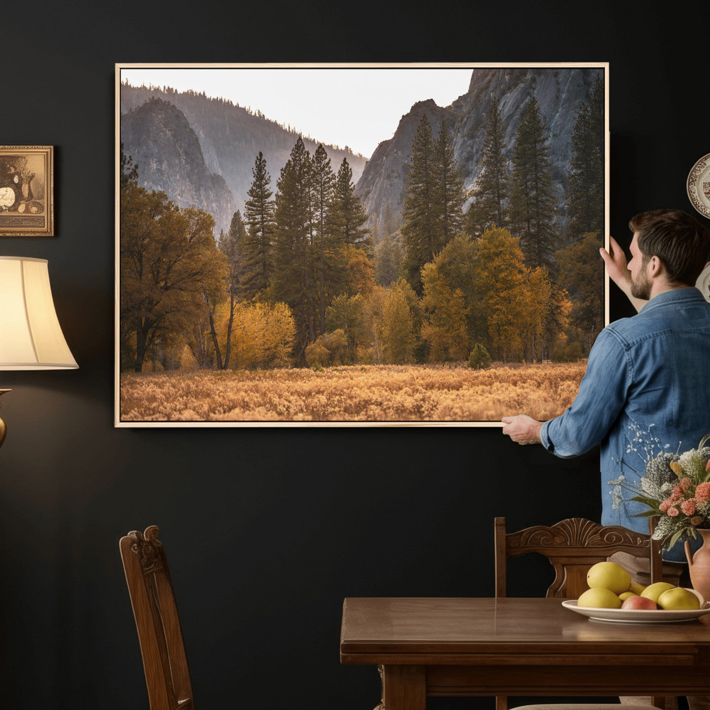 61682763-MGV-CV-36X24 - Yosemite Valley Autumn Forest Landscape Wall Art Canvas Print, Granite Mountain Pine Trees Canvas Print, California National Park Fall Scenic Art Printing