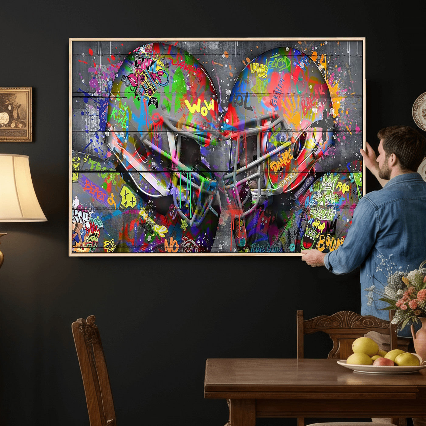 15309853-MGV-CV-36X24 - Graffiti Football Helmets Wall Art Canvas Print, Urban Street Art Sports Decor, Colorful American Football Graffiti Artwork