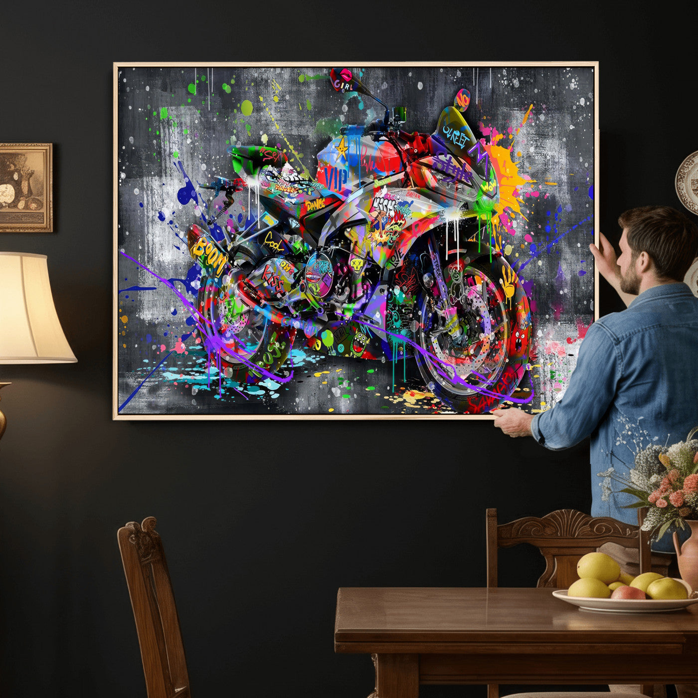 83021767-MGV-CV-36X24 - Graffiti Motorcycle Wall Art Canvas Print, Urban Street Art Motorbike Decor, Colorful Graffiti Sports Bike Artwork