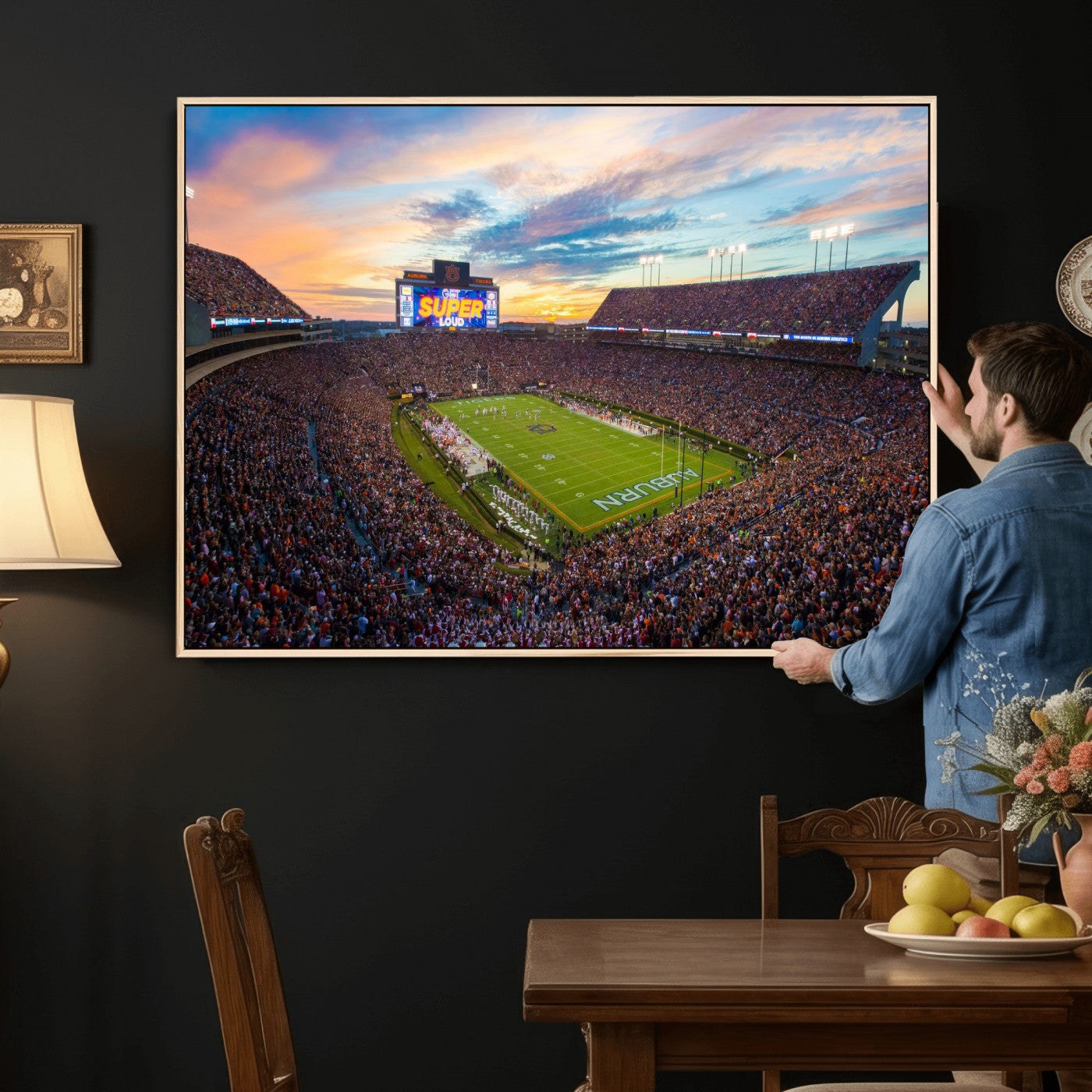 75203764-MGV-CV-36X24 - Auburn Stadium Sunset Wall Art Canvas Print, Jordan Hare Stadium Game Day Crowd, Auburn Tigers Football Artwork