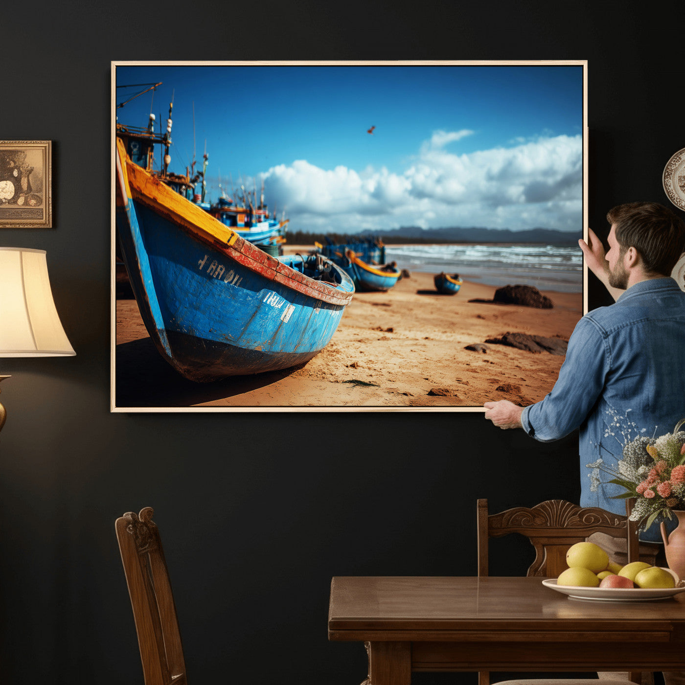 70925201-MGV-CV-36X24 - Fishing Boats Wall Art Canvas Print, Coastal Boat Beach Scene, Nautical Seaside Artwork, Ocean Shore Decor, Coastal Home Wall Art