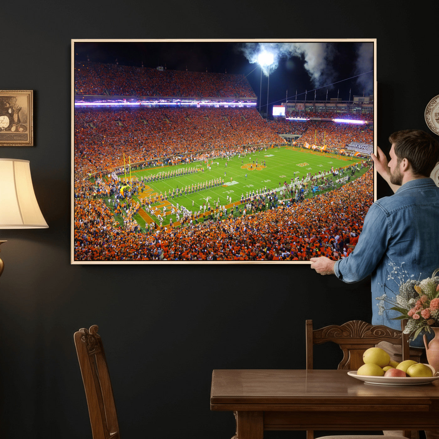43662631-MGV-CV-36X24 - Clemson Football Stadium Wall Art Canvas Print, College Football Crowd Night Game Scene, Orange Stadium Panorama Wall Decor
