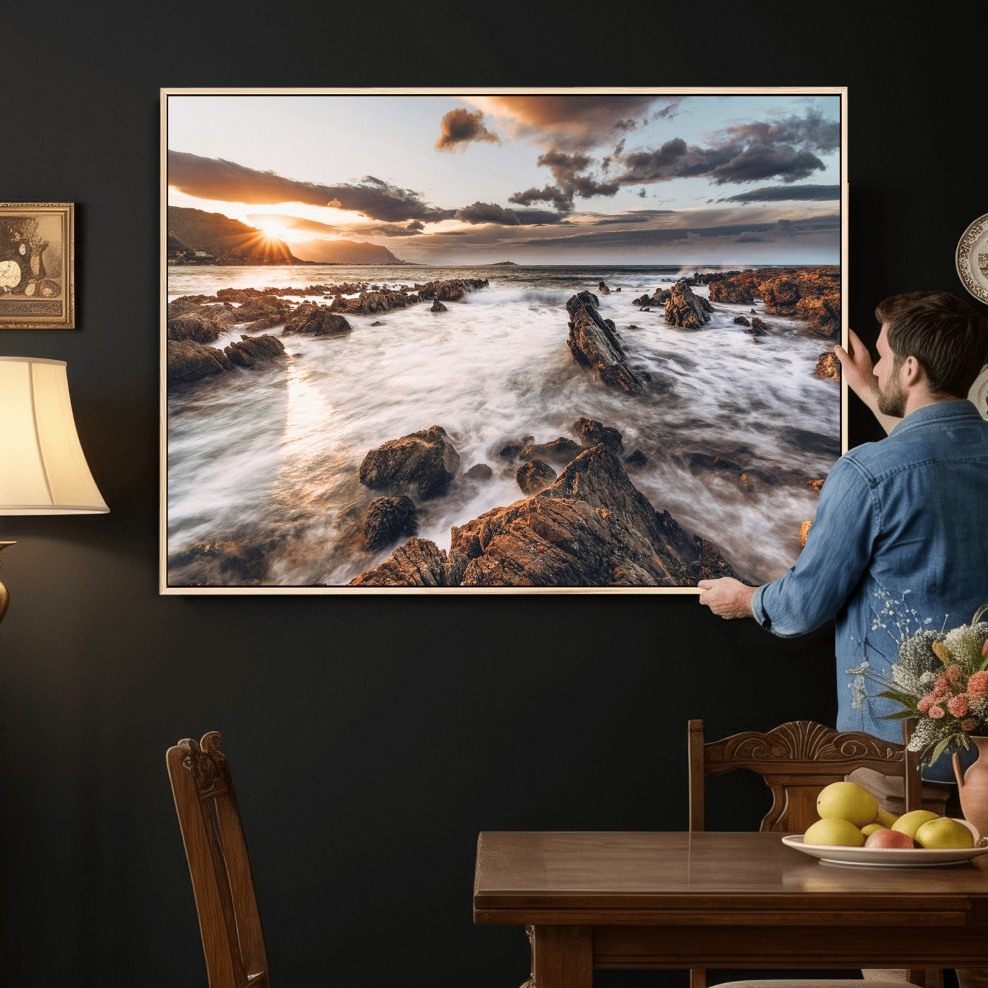 66746024-MGV-CV-36X24 - Rocky Coast Ocean Sunset Wall Art Canvas Print, Dramatic Seascape Nature Wall Decor for Living Room and Office