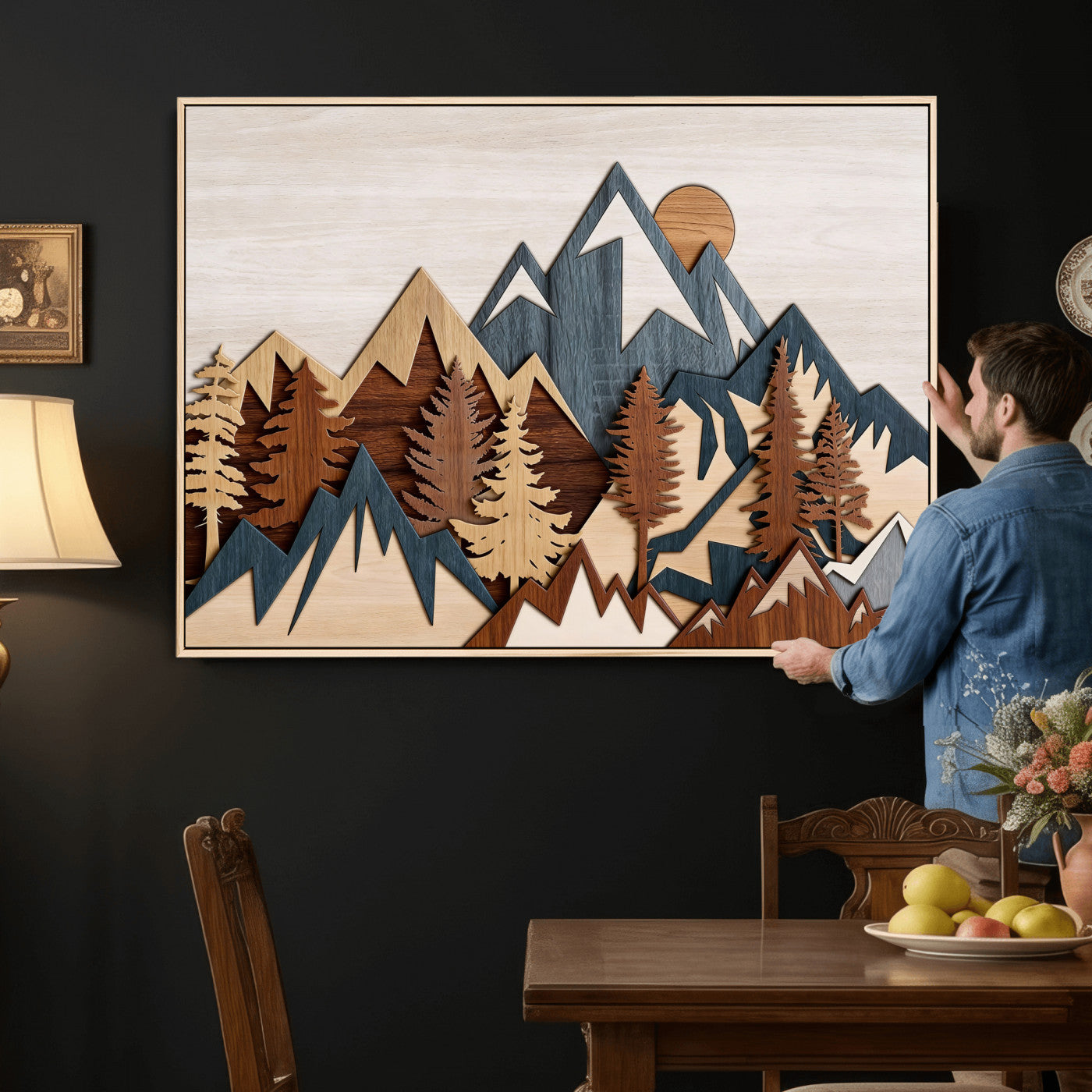39888898-MGV-CV-36X24 - Layered Wooden Mountain Wall Art Canvas Print, Modern Rustic Forest and Pine Landscape Wall Decor