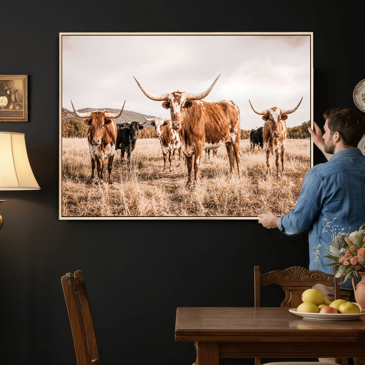 27539727-MGV-CV-36X24 - Texas Longhorn Cattle Wall Art Canvas Print, Sepia Western Decor